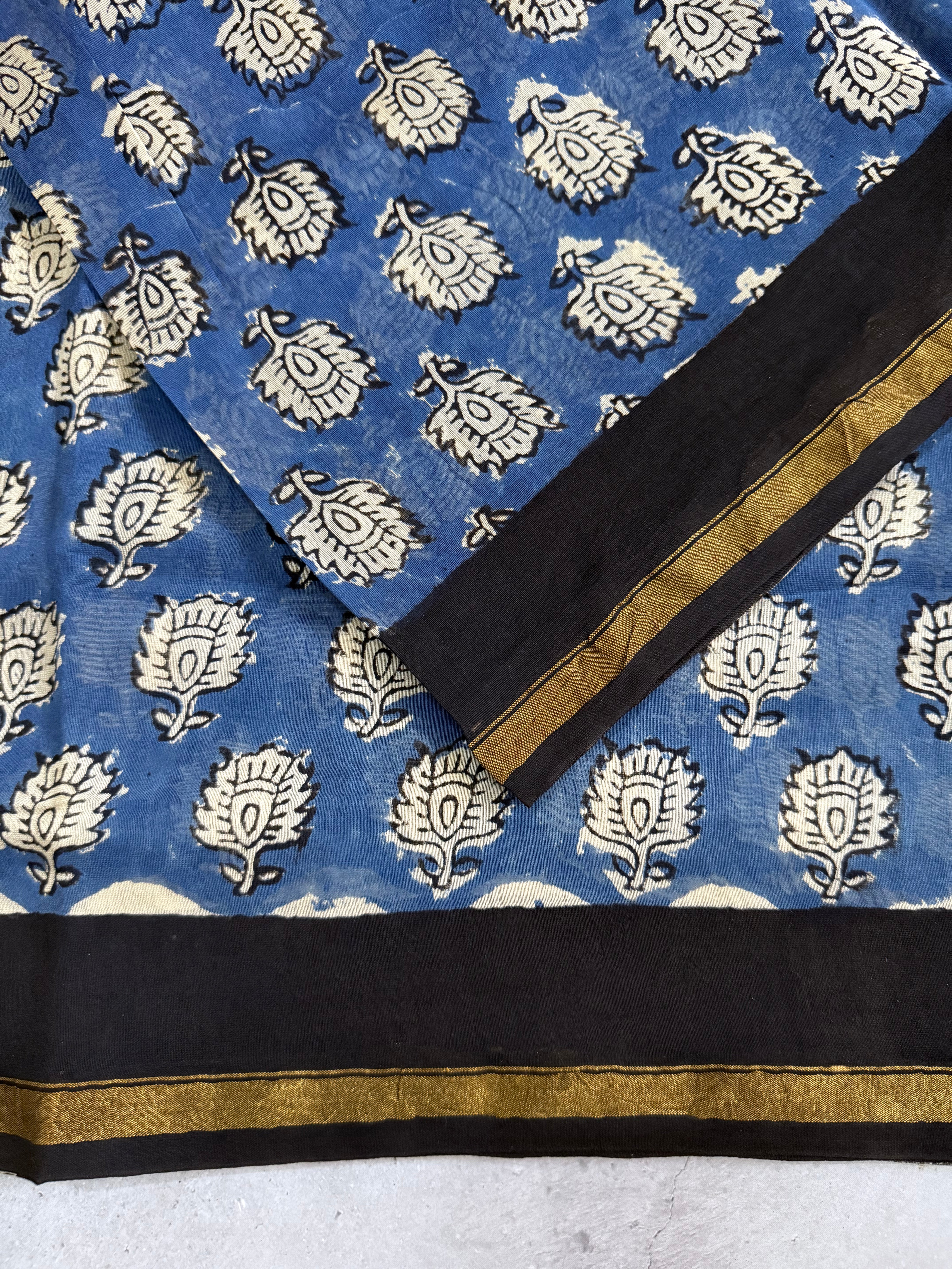 Ratnaa | Blue and Black Floral Block Printed Chanderi Saree