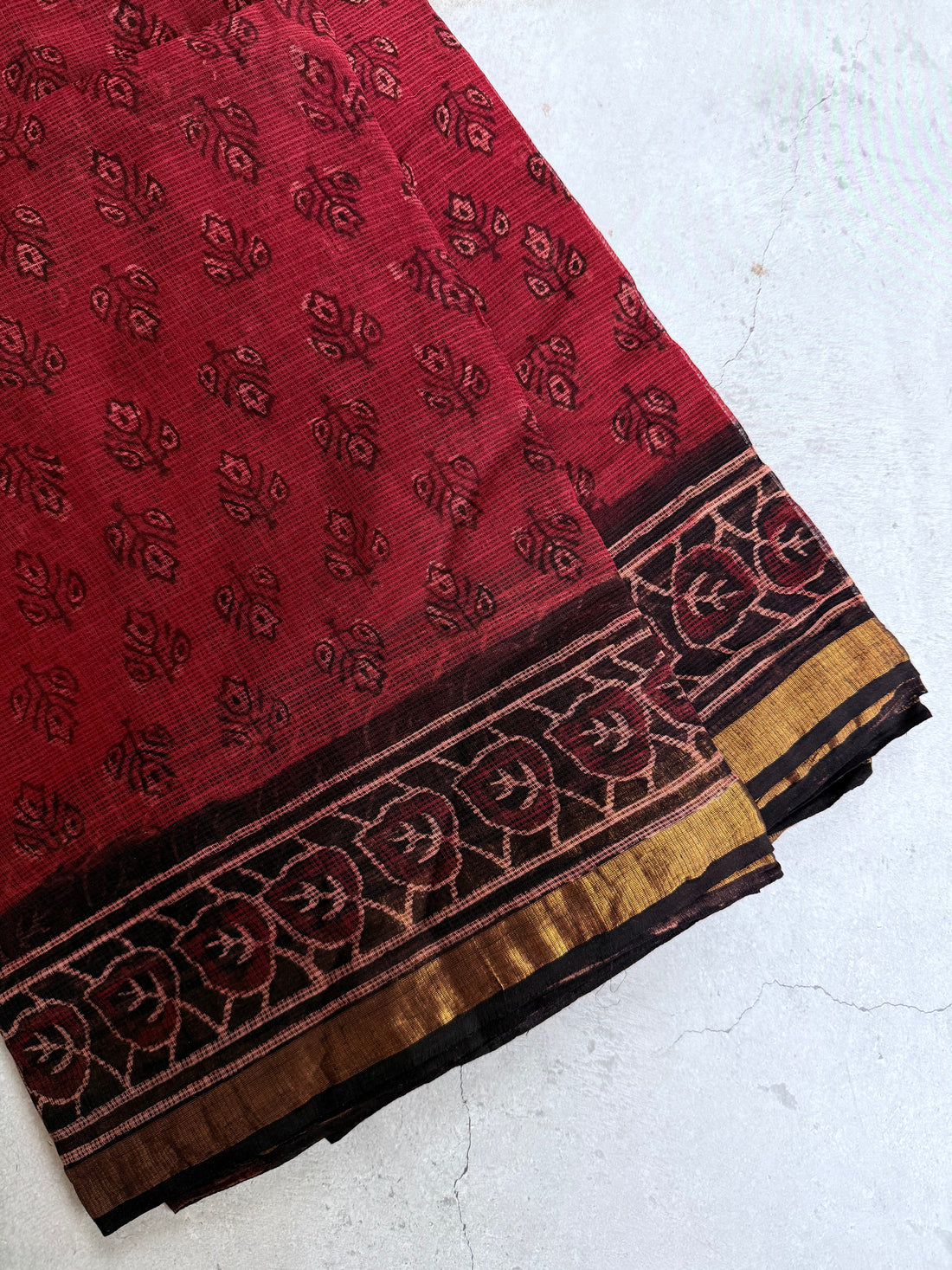 Sharada | Black and Red Block Printed Kota Saree