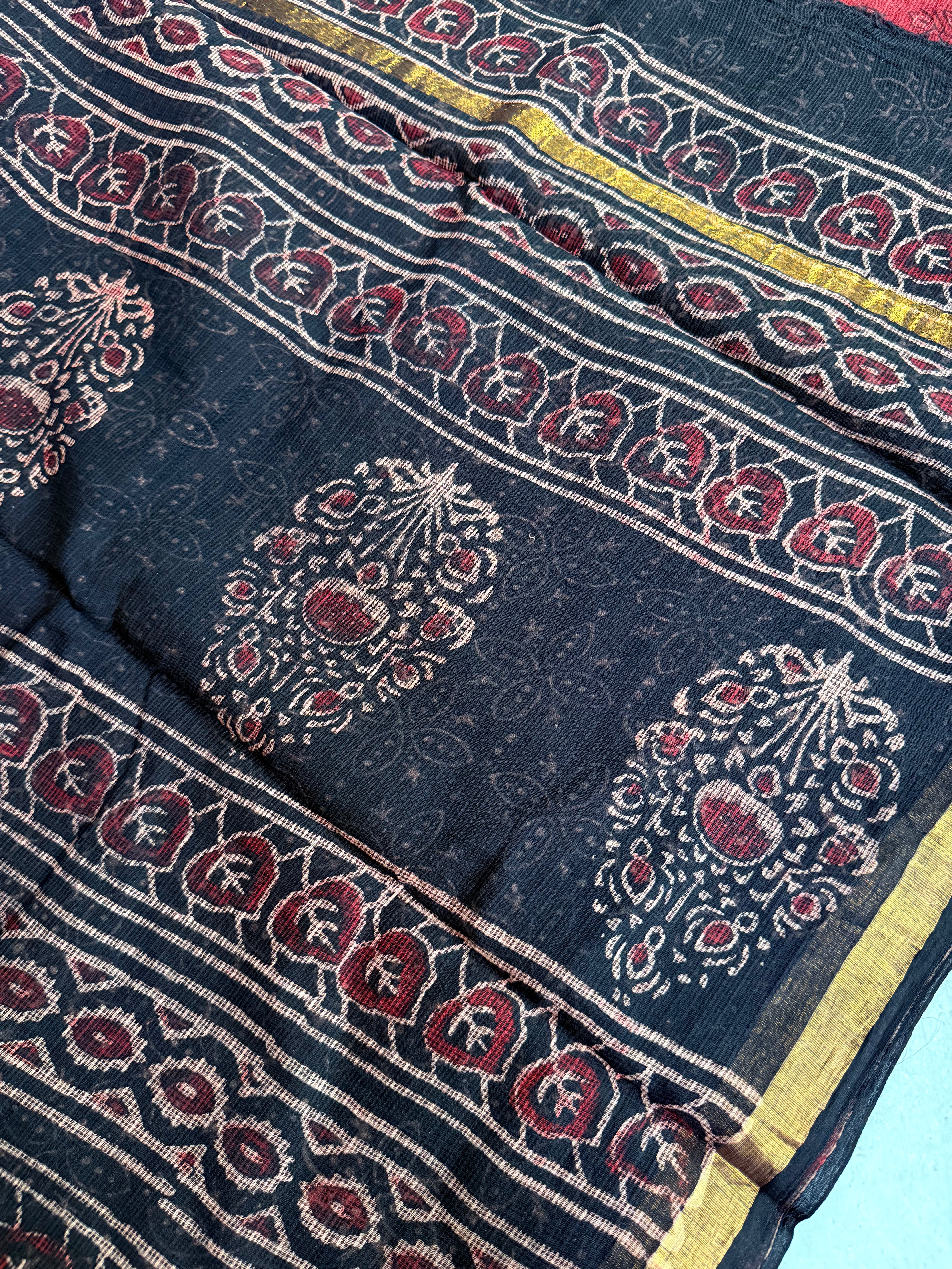 Sharada | Black and Red Block Printed Kota Saree