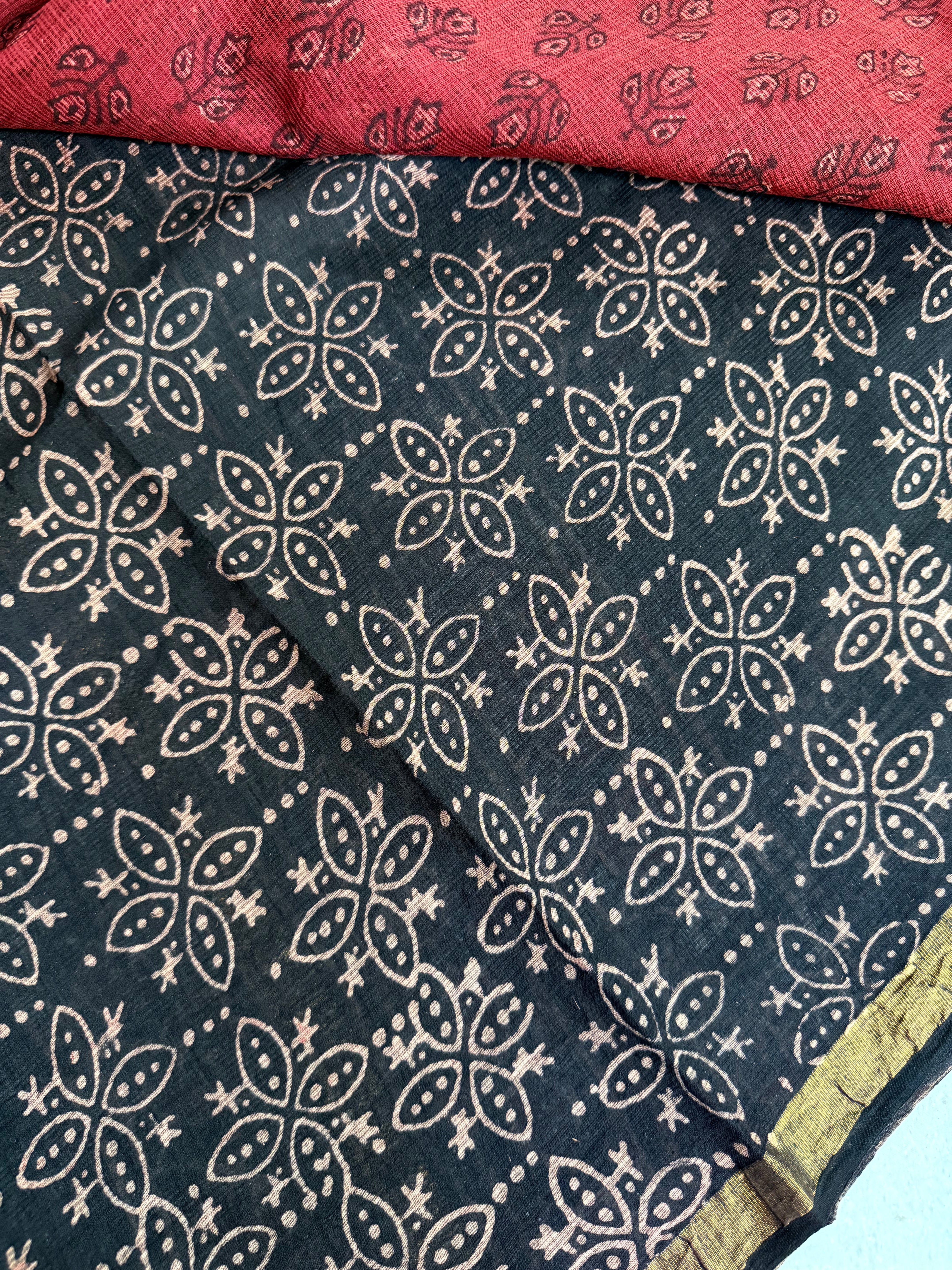 Sharada | Black and Red Block Printed Kota Saree