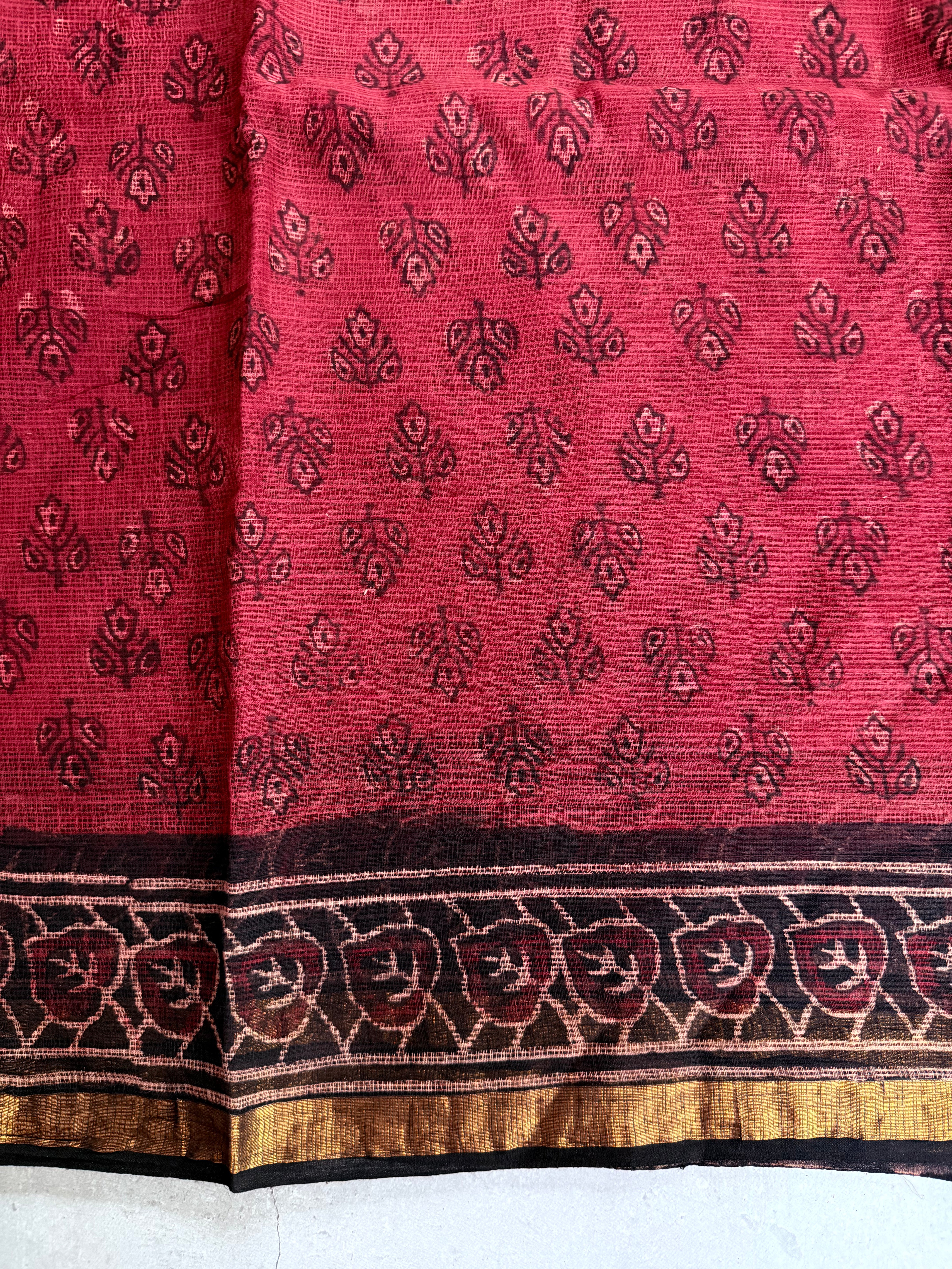Sharada | Black and Red Block Printed Kota Saree
