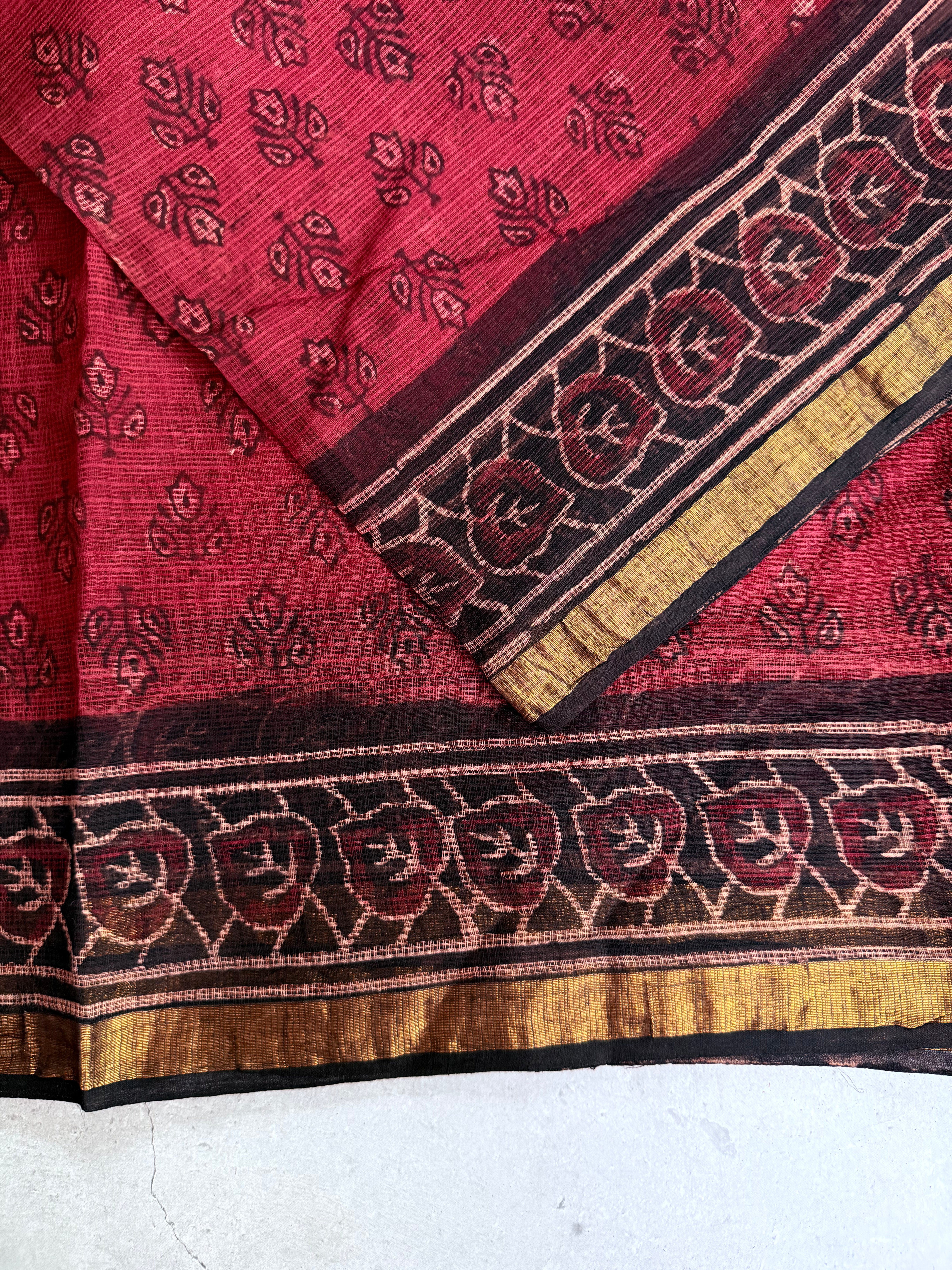 Sharada | Black and Red Block Printed Kota Saree