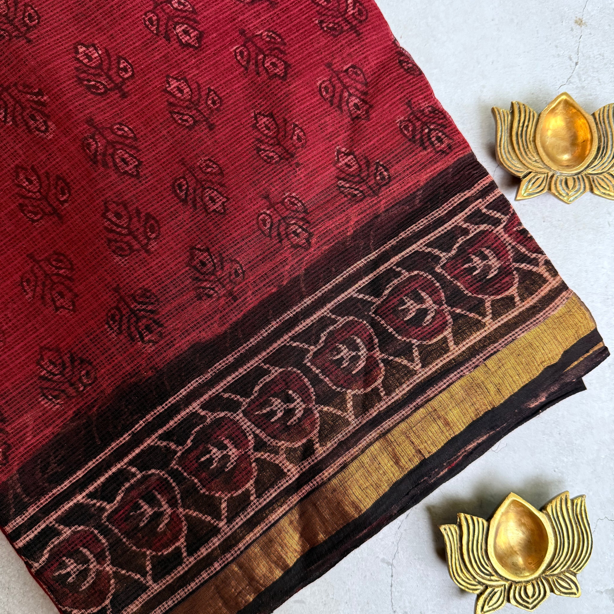 Sharada | Black and Red Block Printed Kota Saree