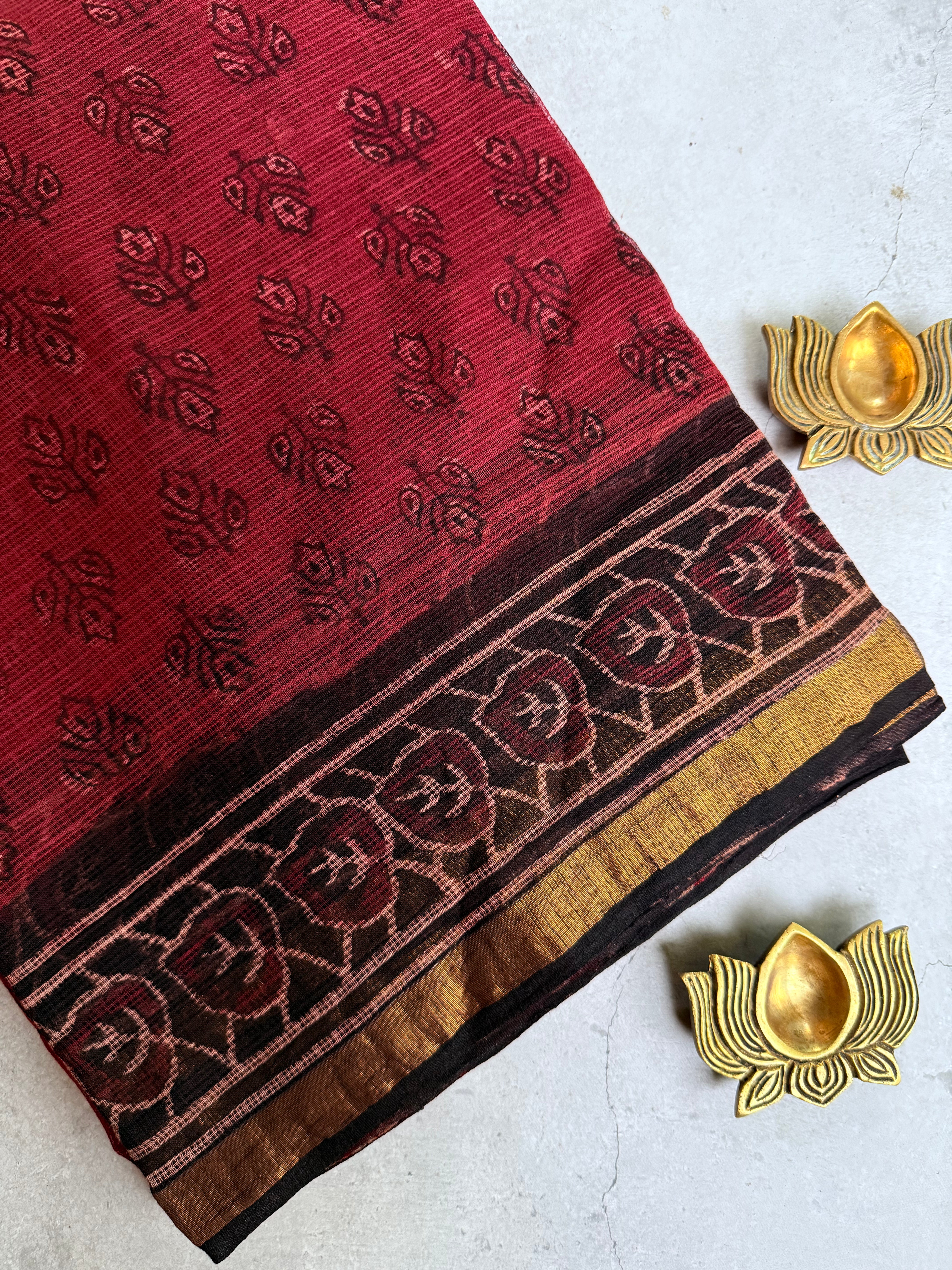 Sharada | Black and Red Block Printed Kota Saree