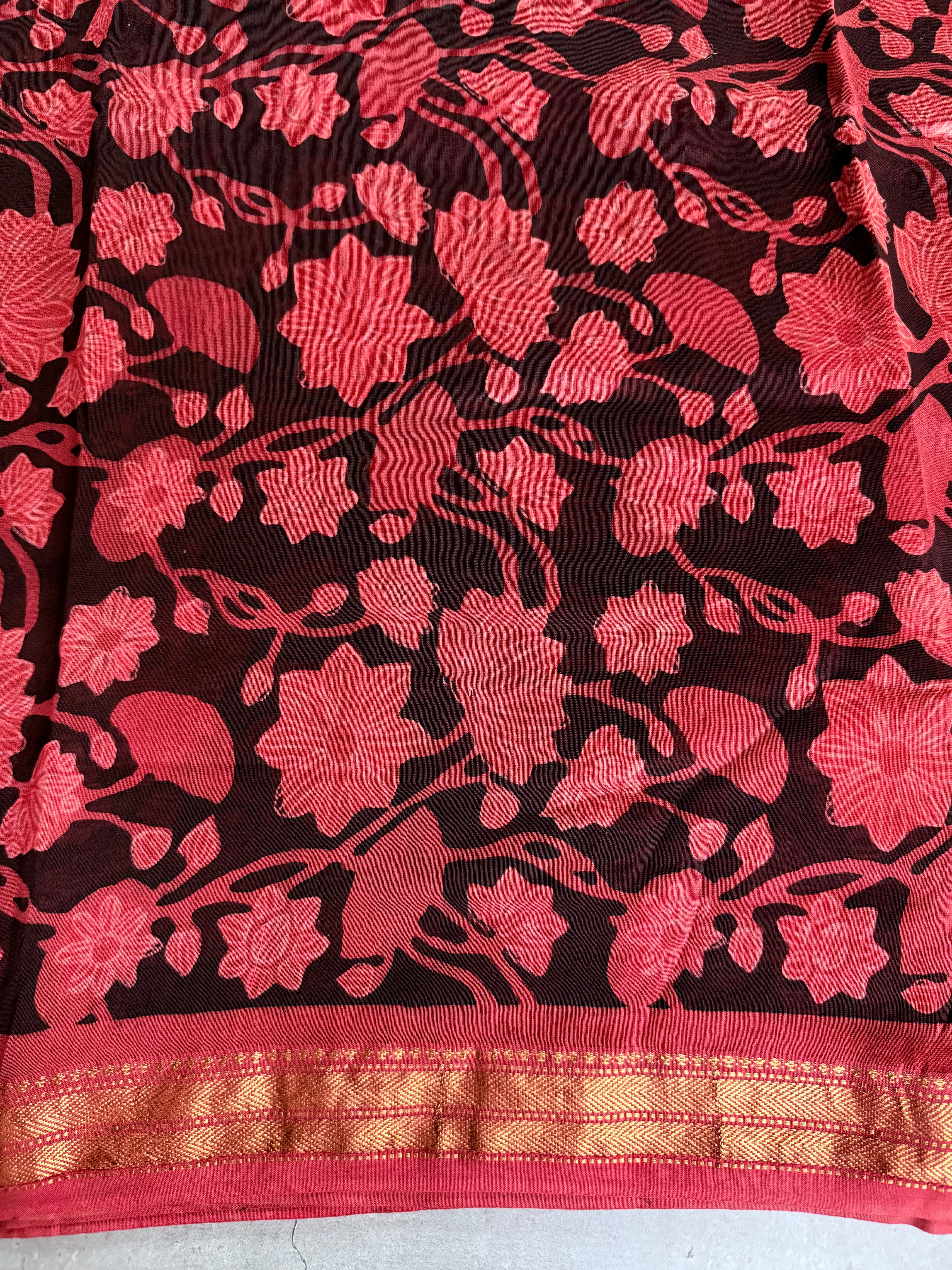 Vaidehi | Saffron and Black Block Printed Maheshwari Saree