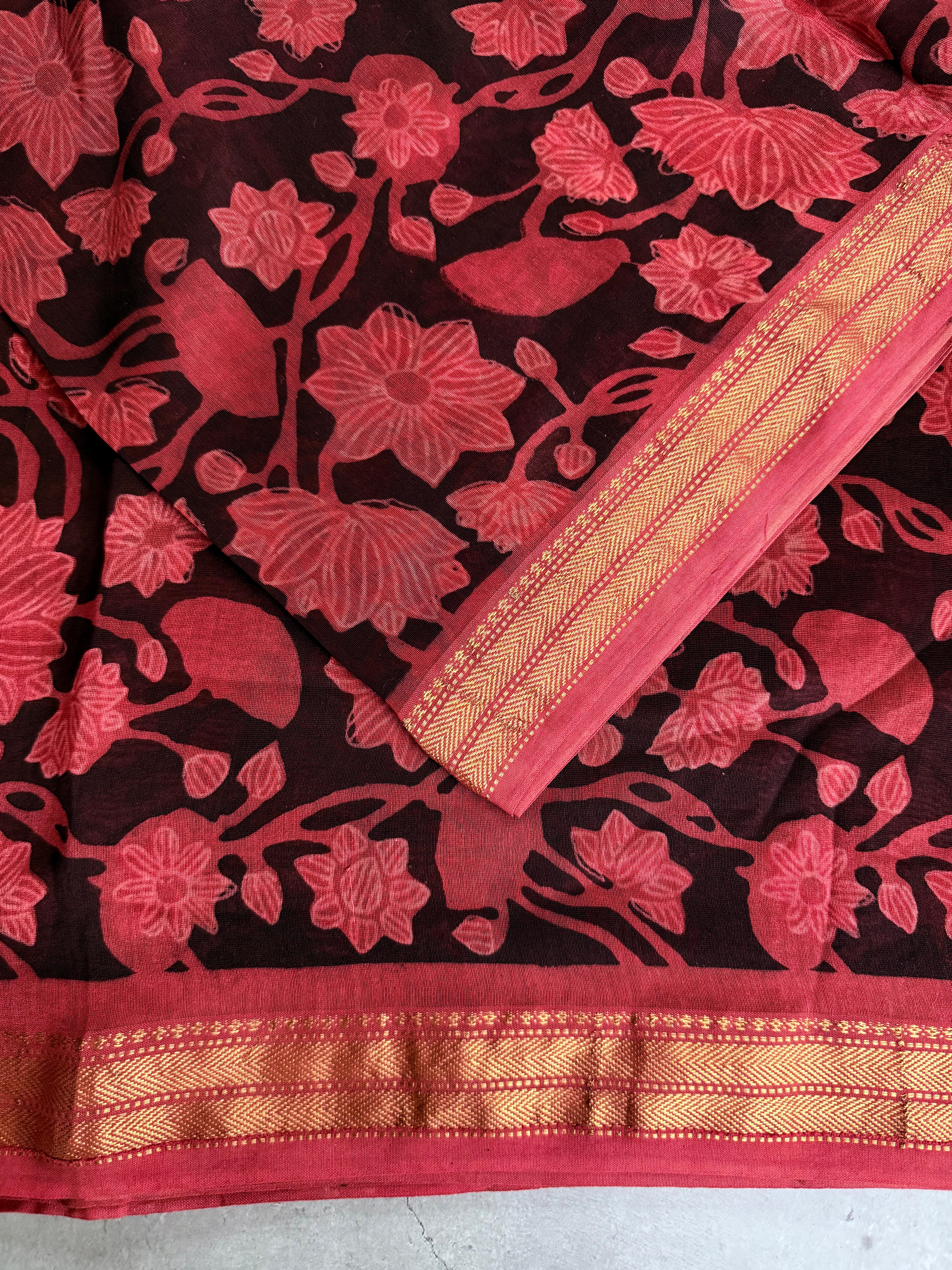 Vaidehi | Saffron and Black Block Printed Maheshwari Saree