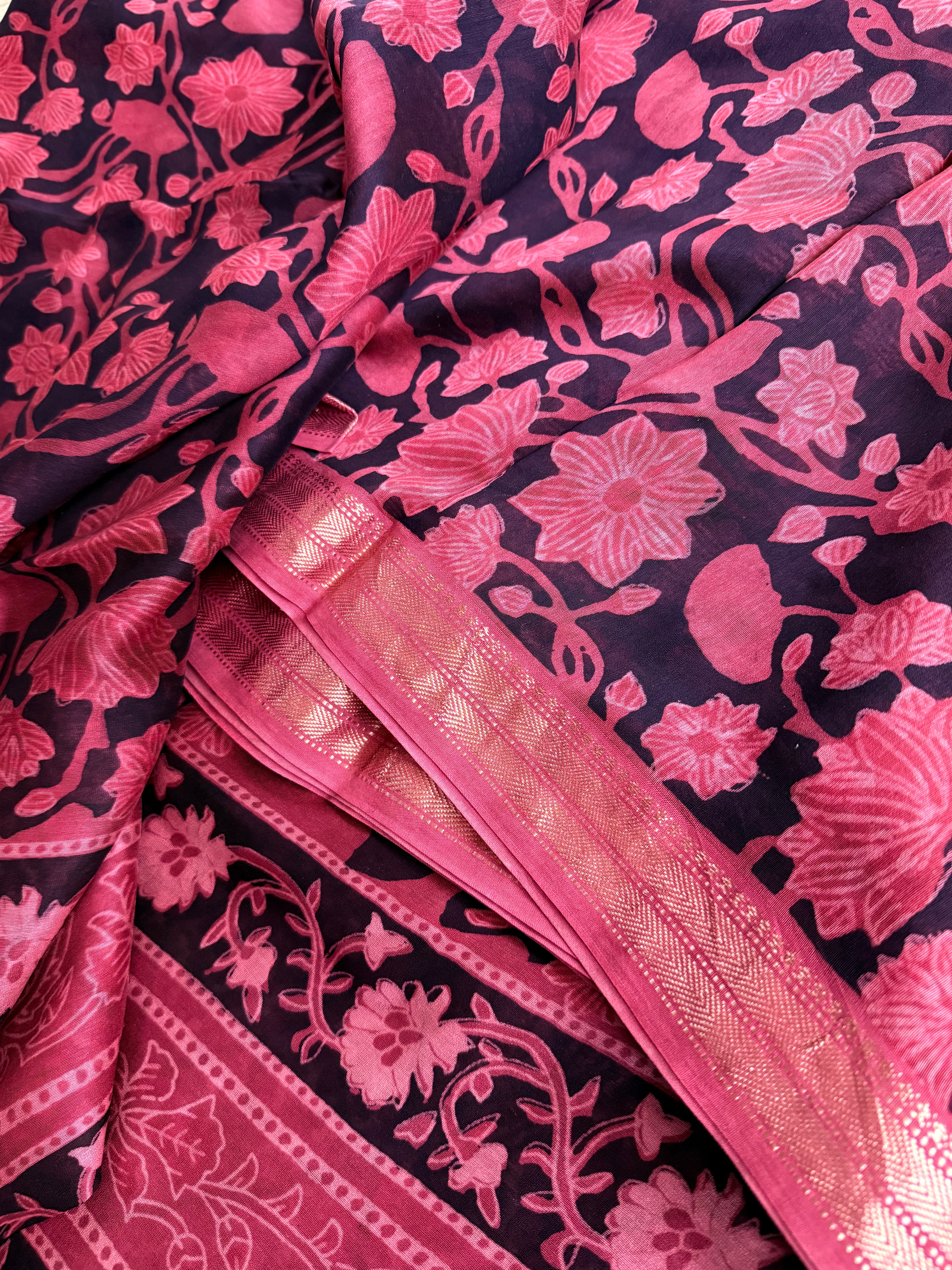 Vaidehi | Saffron and Black Block Printed Maheshwari Saree