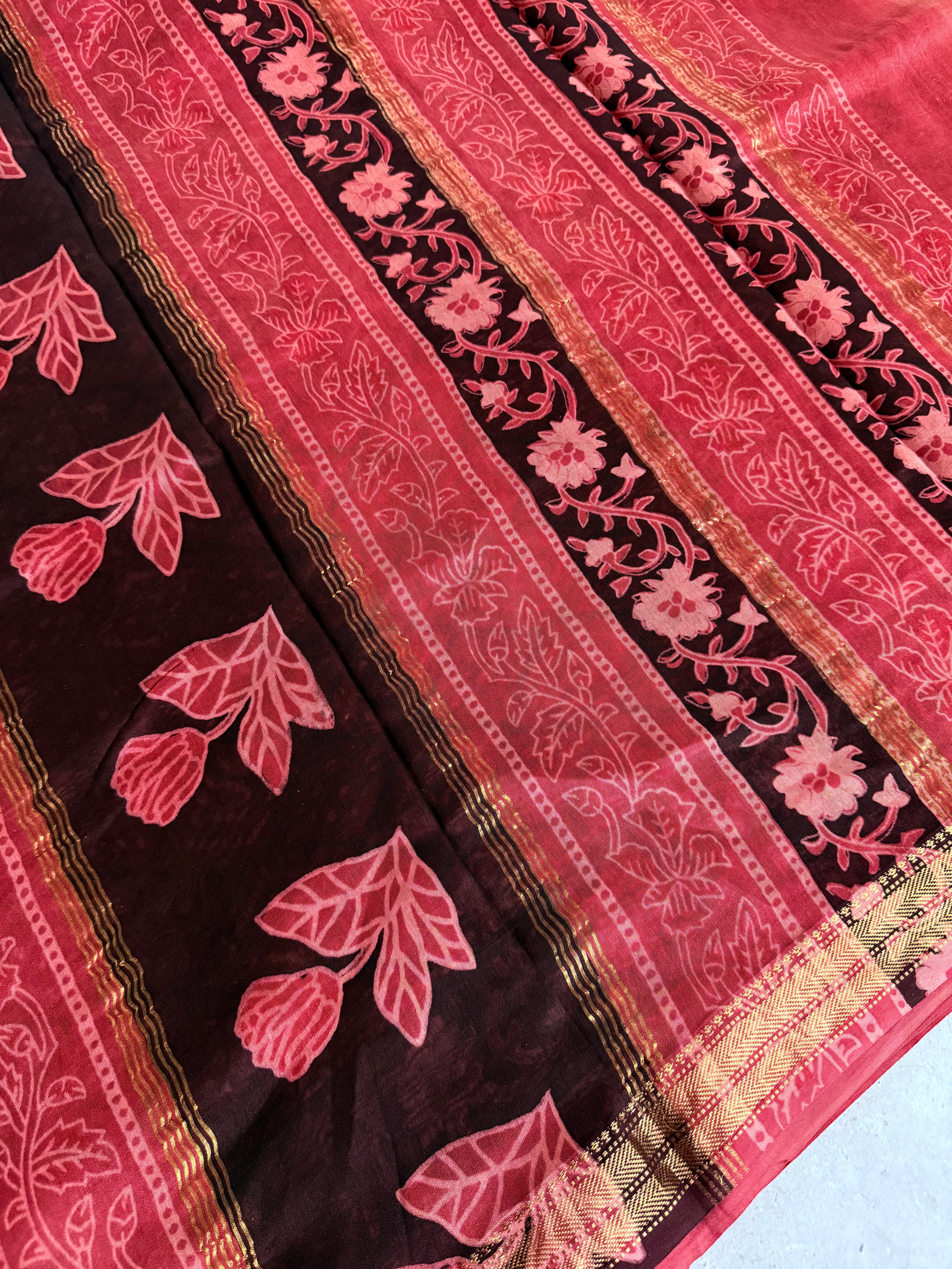 Vaidehi | Saffron and Black Block Printed Maheshwari Saree