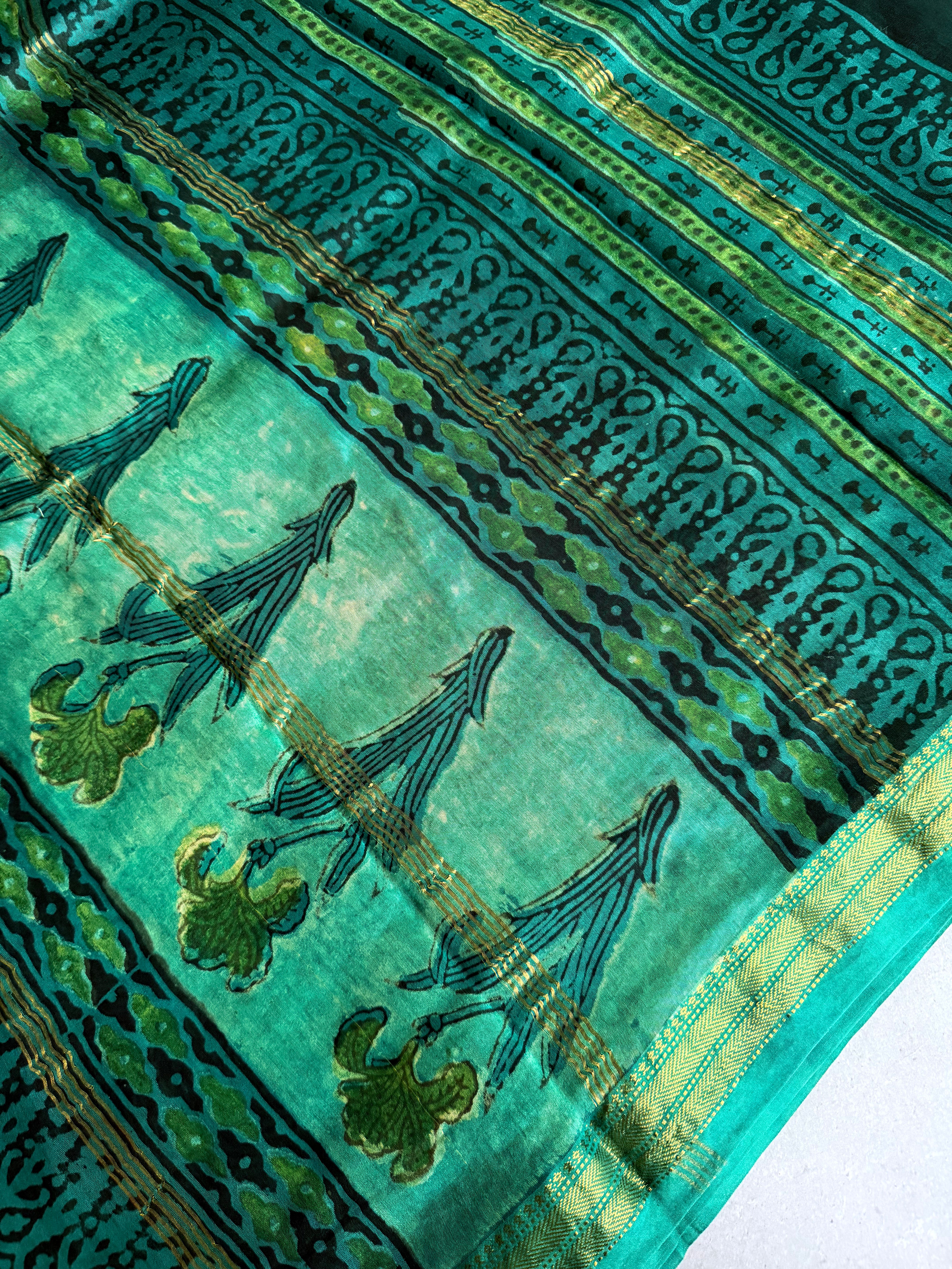 Rajnigandha | Green and Black Block Printed Maheshwari Saree