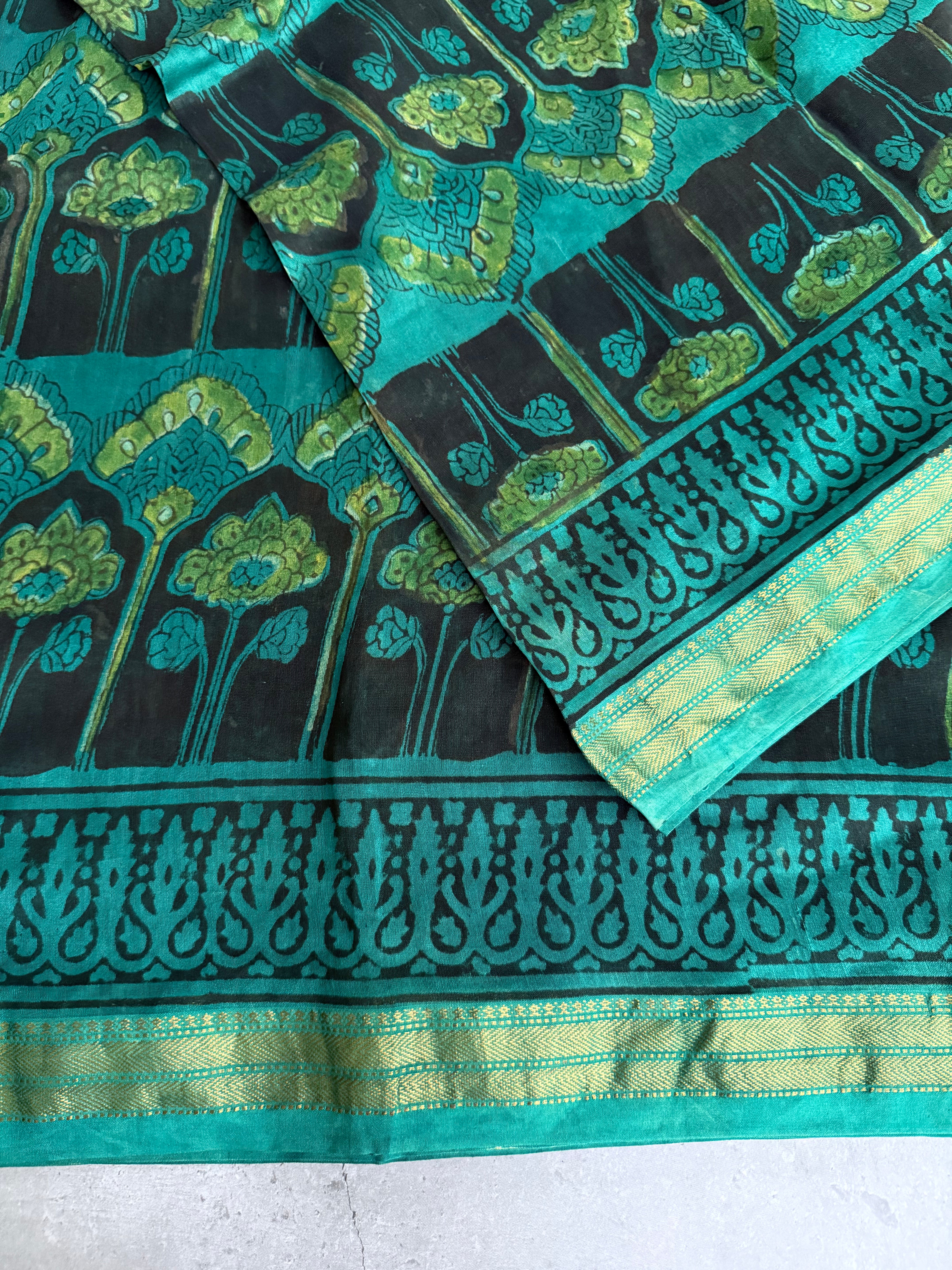 Rajnigandha | Green and Black Block Printed Maheshwari Saree