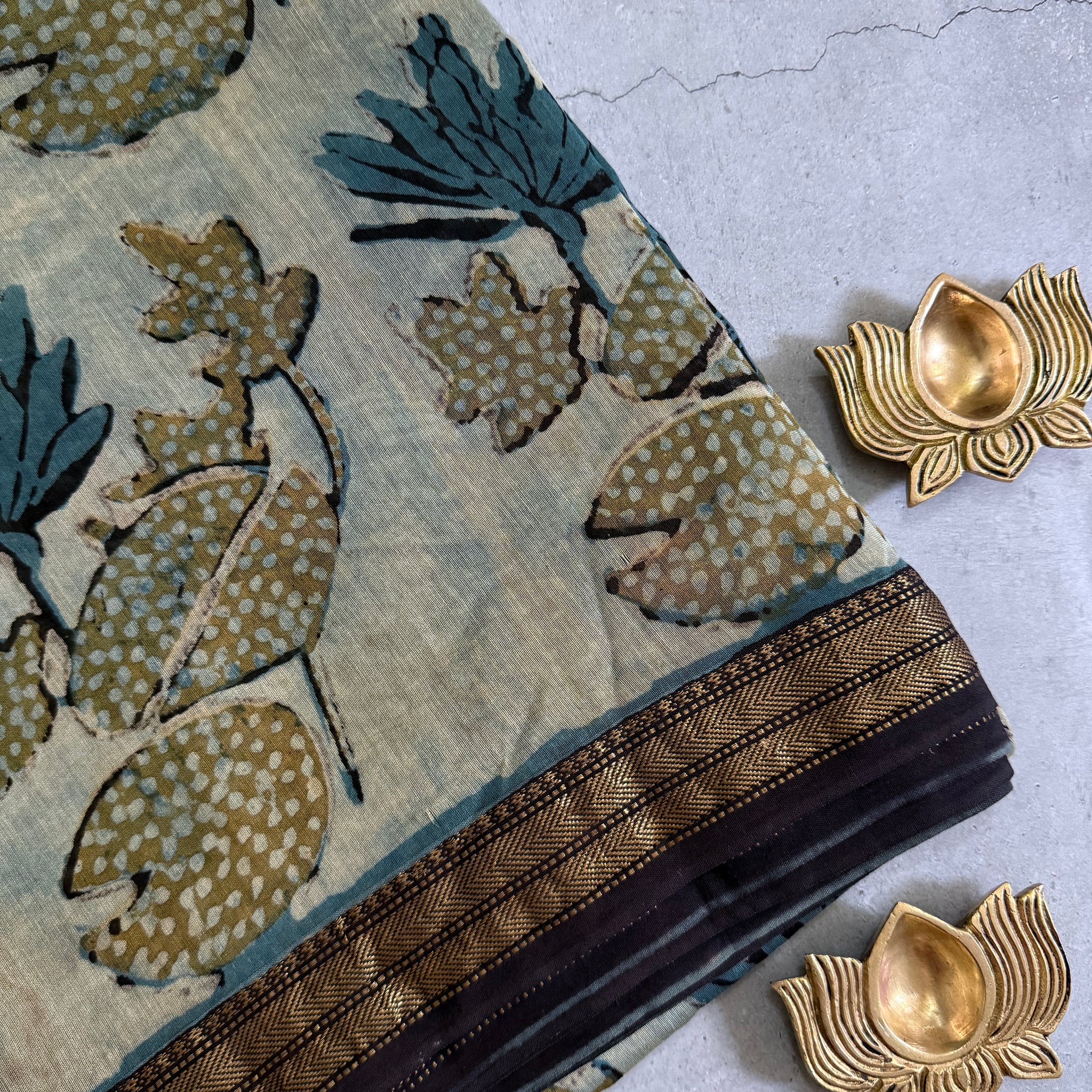 Ranjitha | Blue and Grey Block Printed Maheshwari Saree
