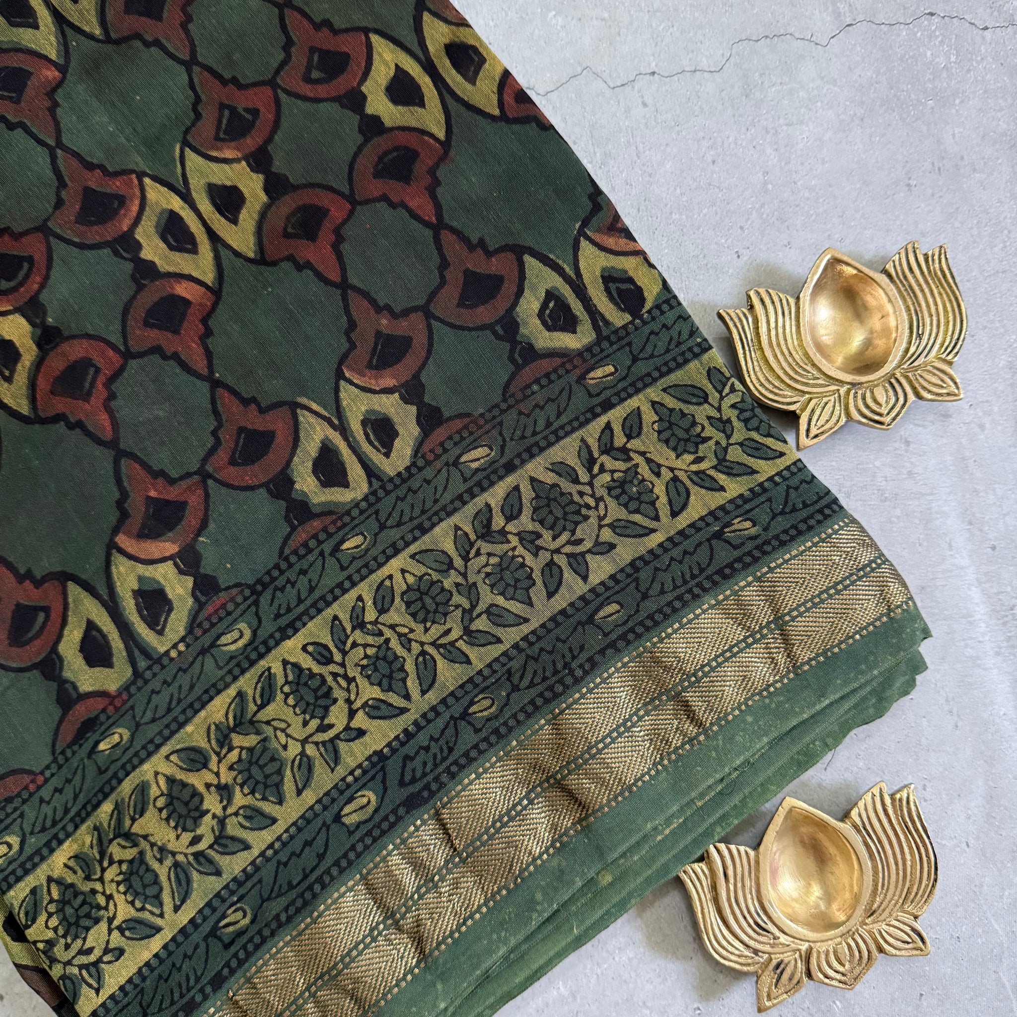 Vanamala | Olive and Brown Block Printed Maheshwari Saree