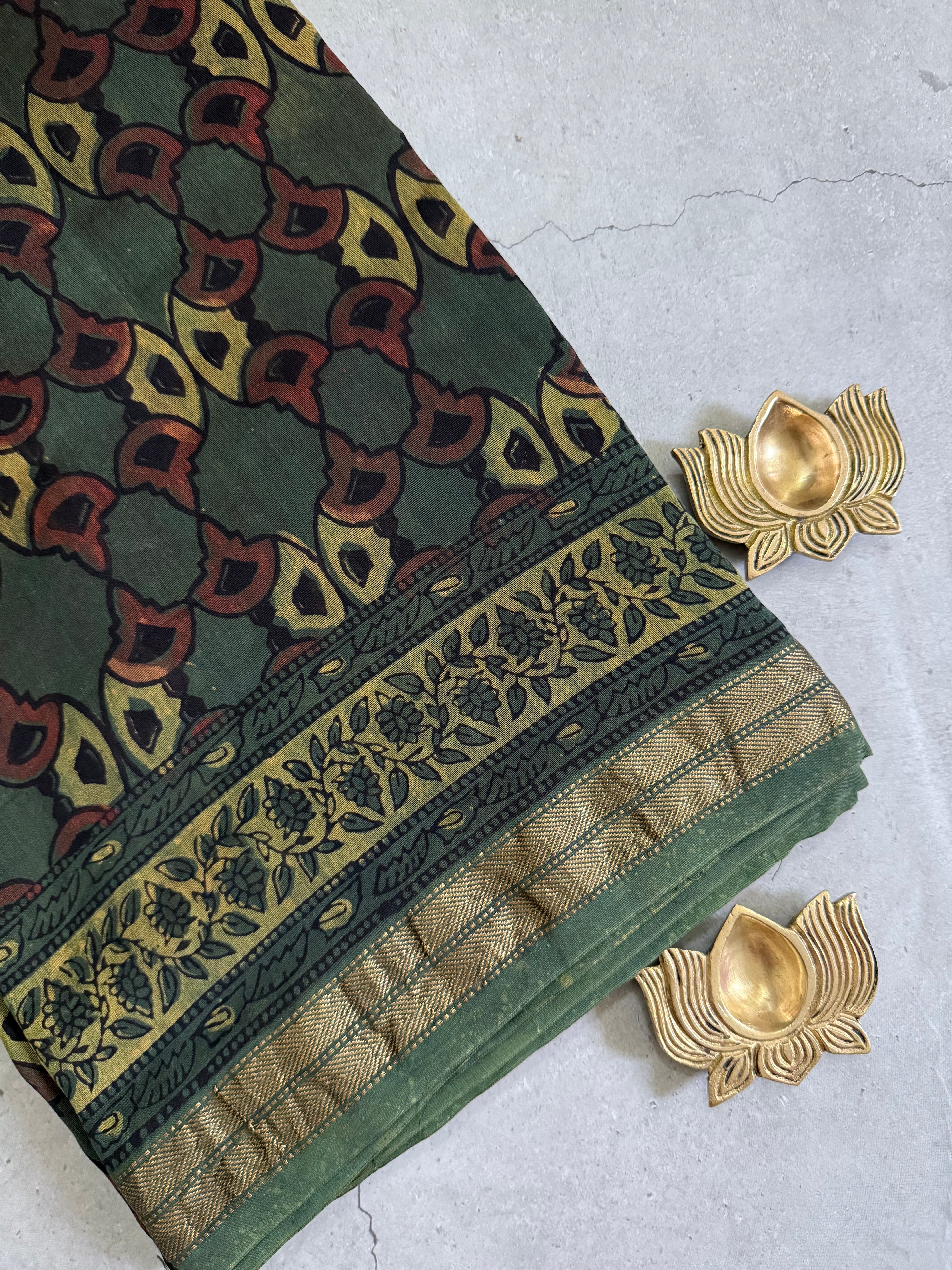 Vanamala | Olive and Brown Block Printed Maheshwari Saree
