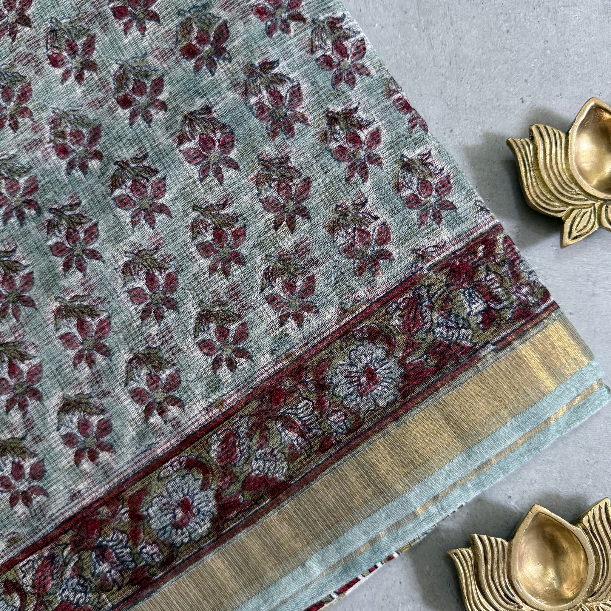 Amrapali | Pastel Green with Red Block Printed Kota Saree