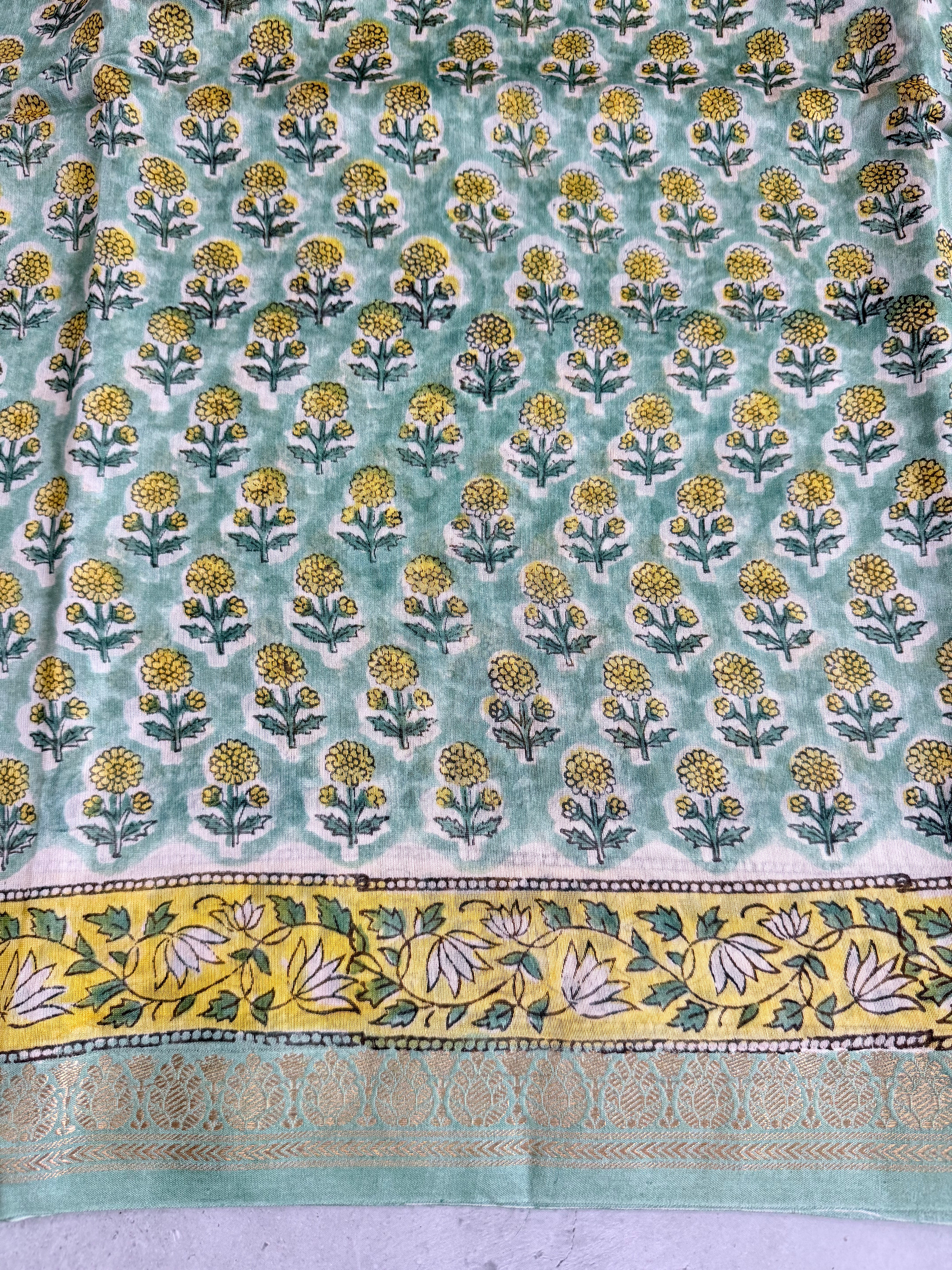 Shubhra | Pastle Green Block Printed Maheshwari Saree