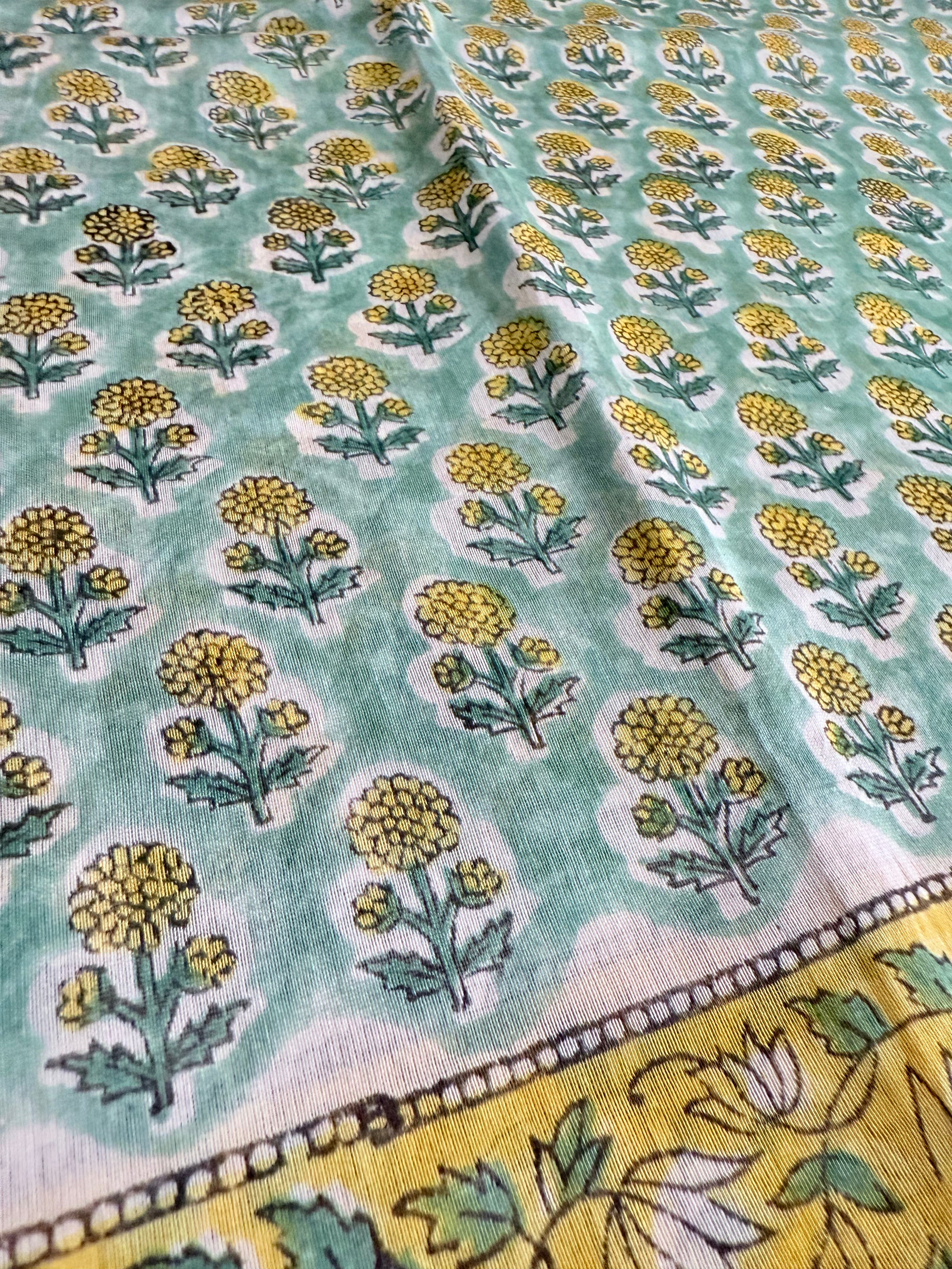Shubhra | Pastle Green Block Printed Maheshwari Saree