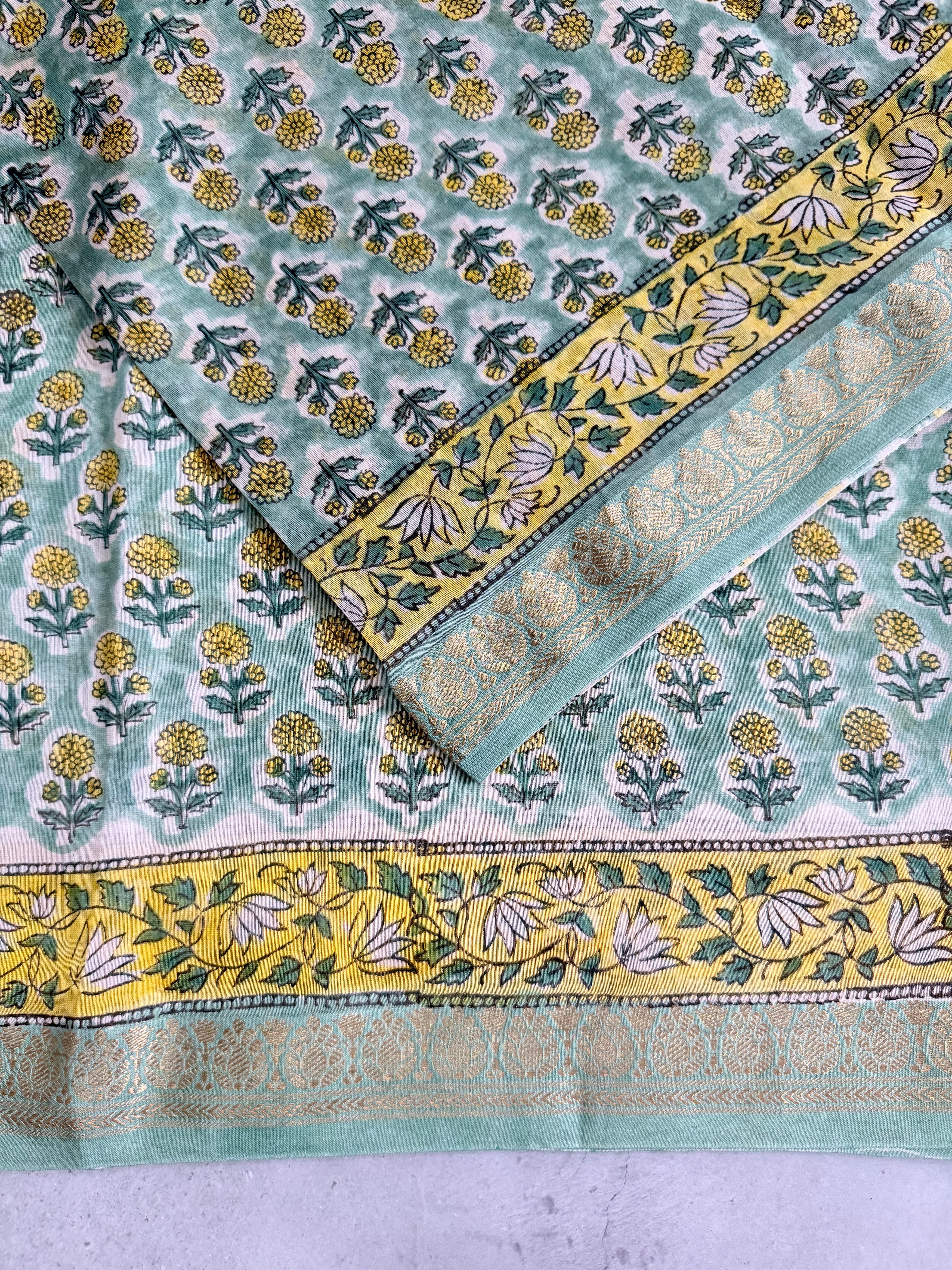 Shubhra | Pastle Green Block Printed Maheshwari Saree