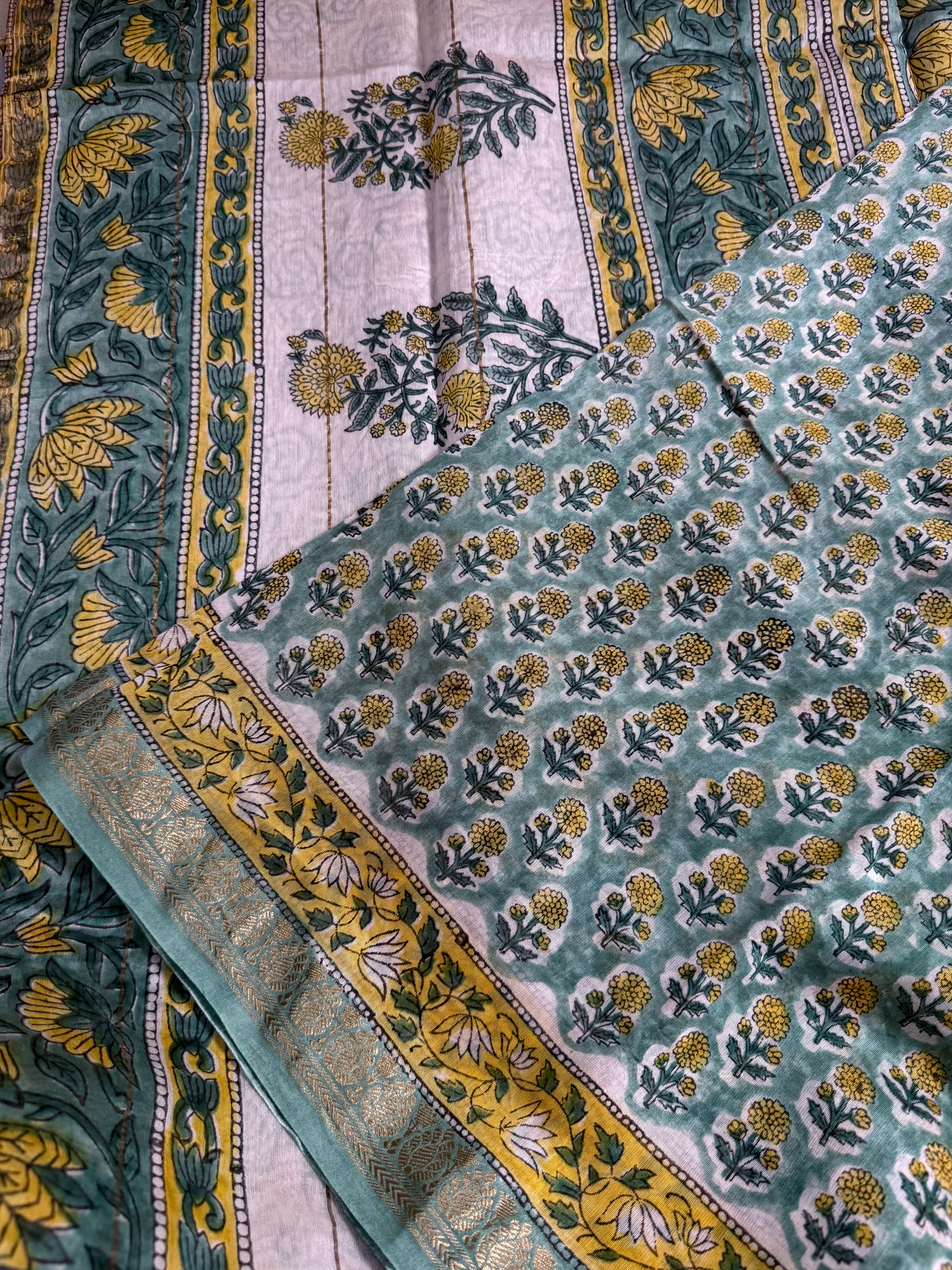 Shubhra | Pastle Green Block Printed Maheshwari Saree