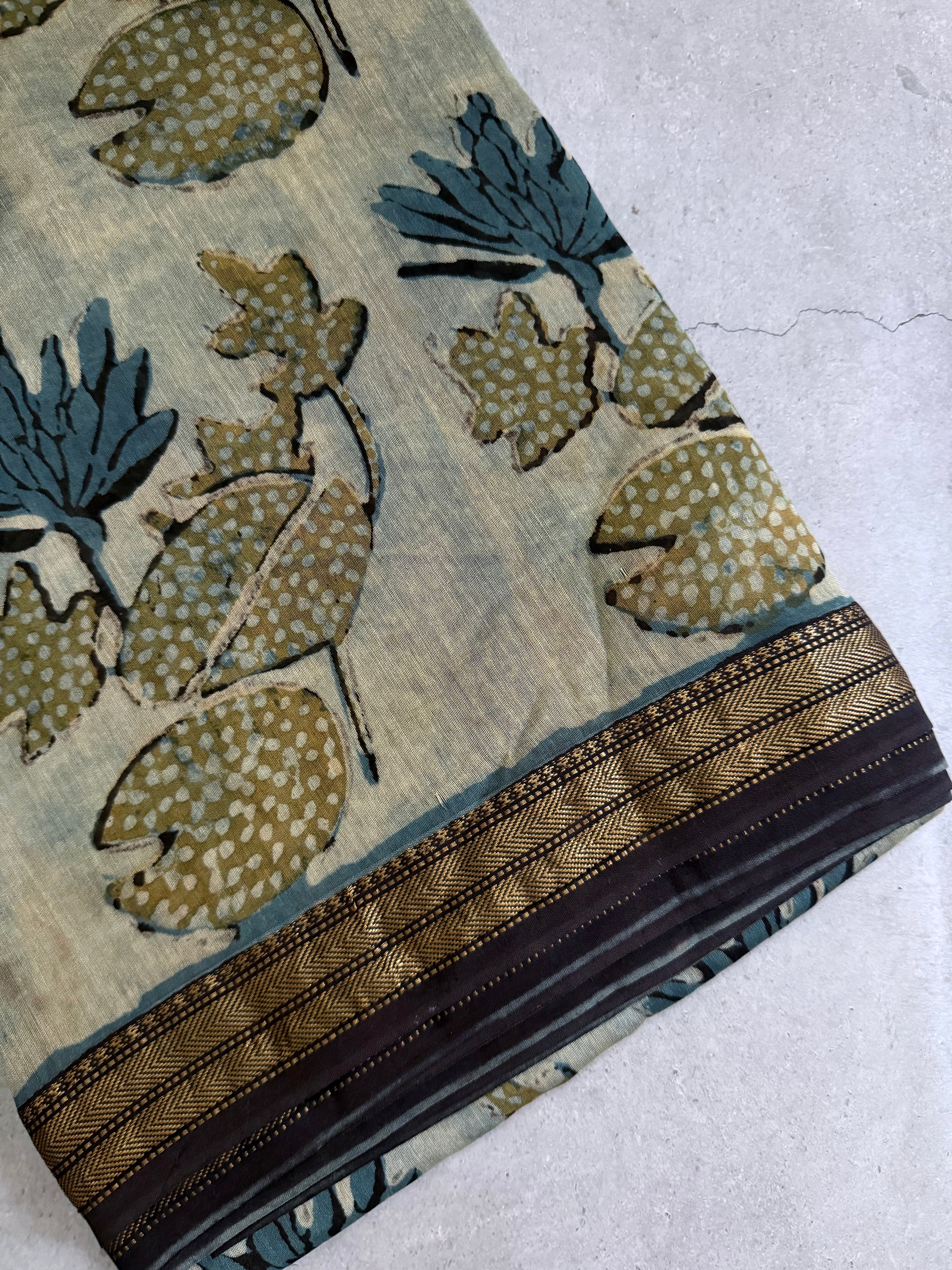 Ranjitha | Blue and Grey Block Printed Maheshwari Saree