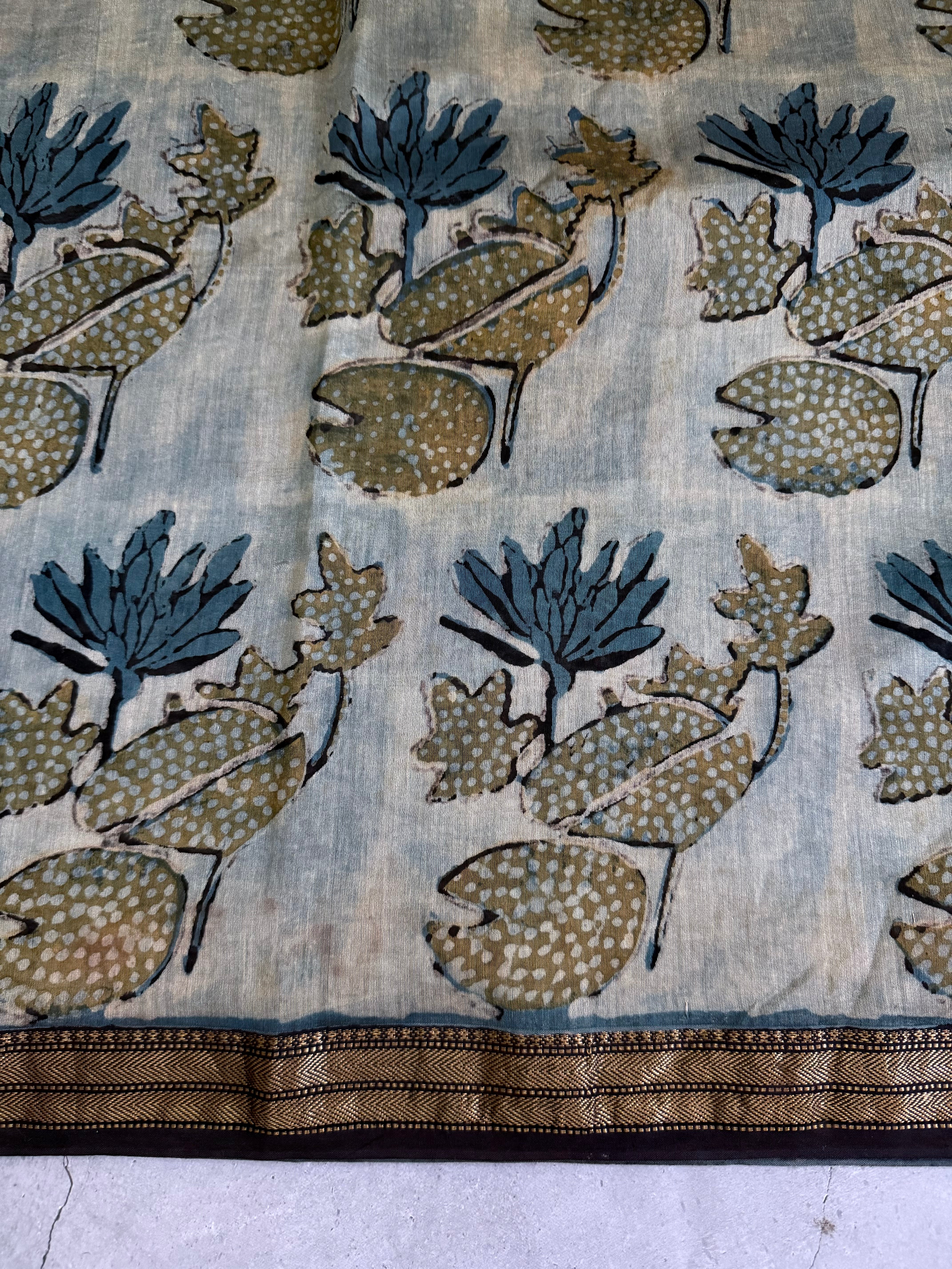 Ranjitha | Blue and Grey Block Printed Maheshwari Saree