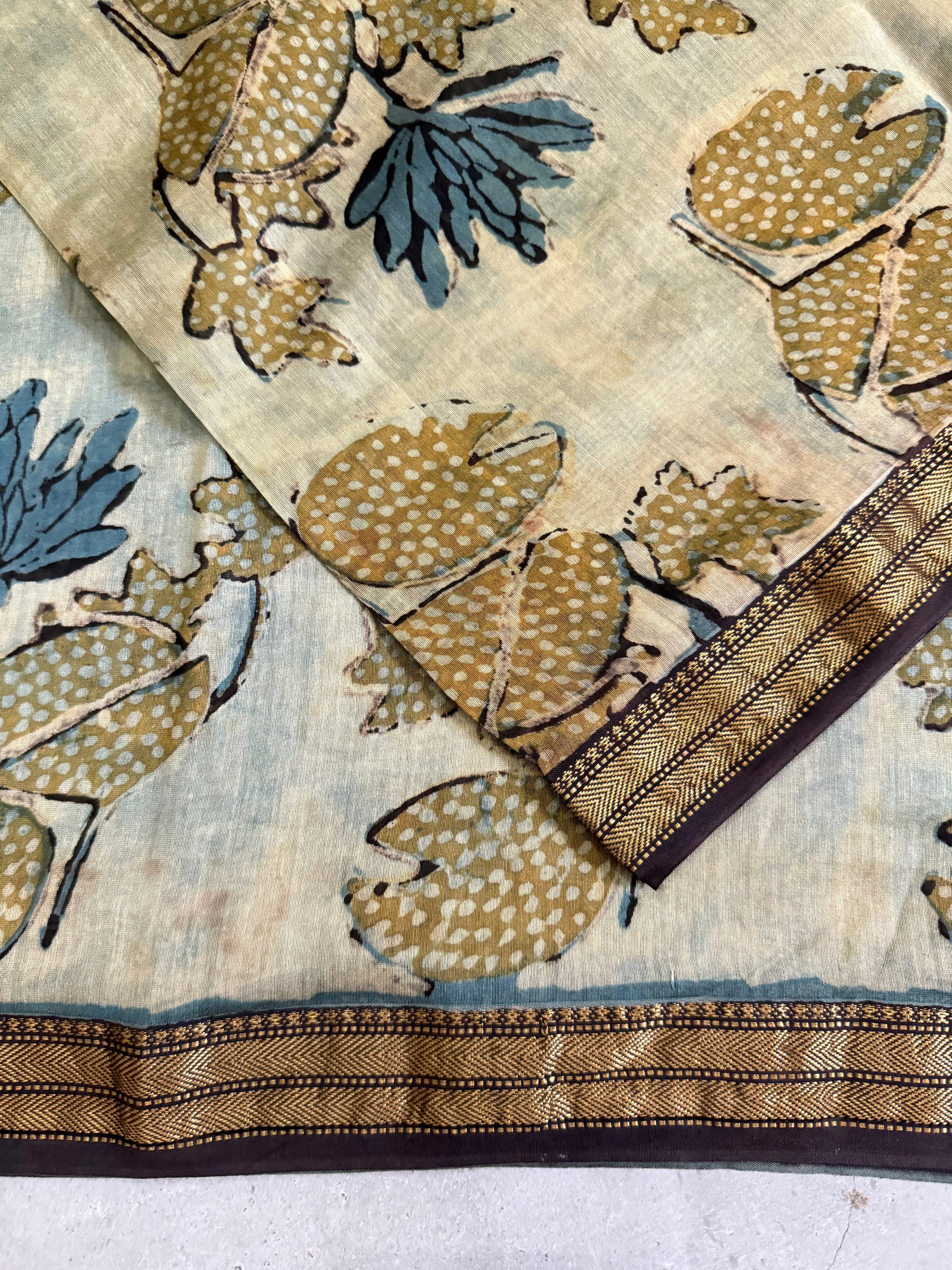 Ranjitha | Blue and Grey Block Printed Maheshwari Saree