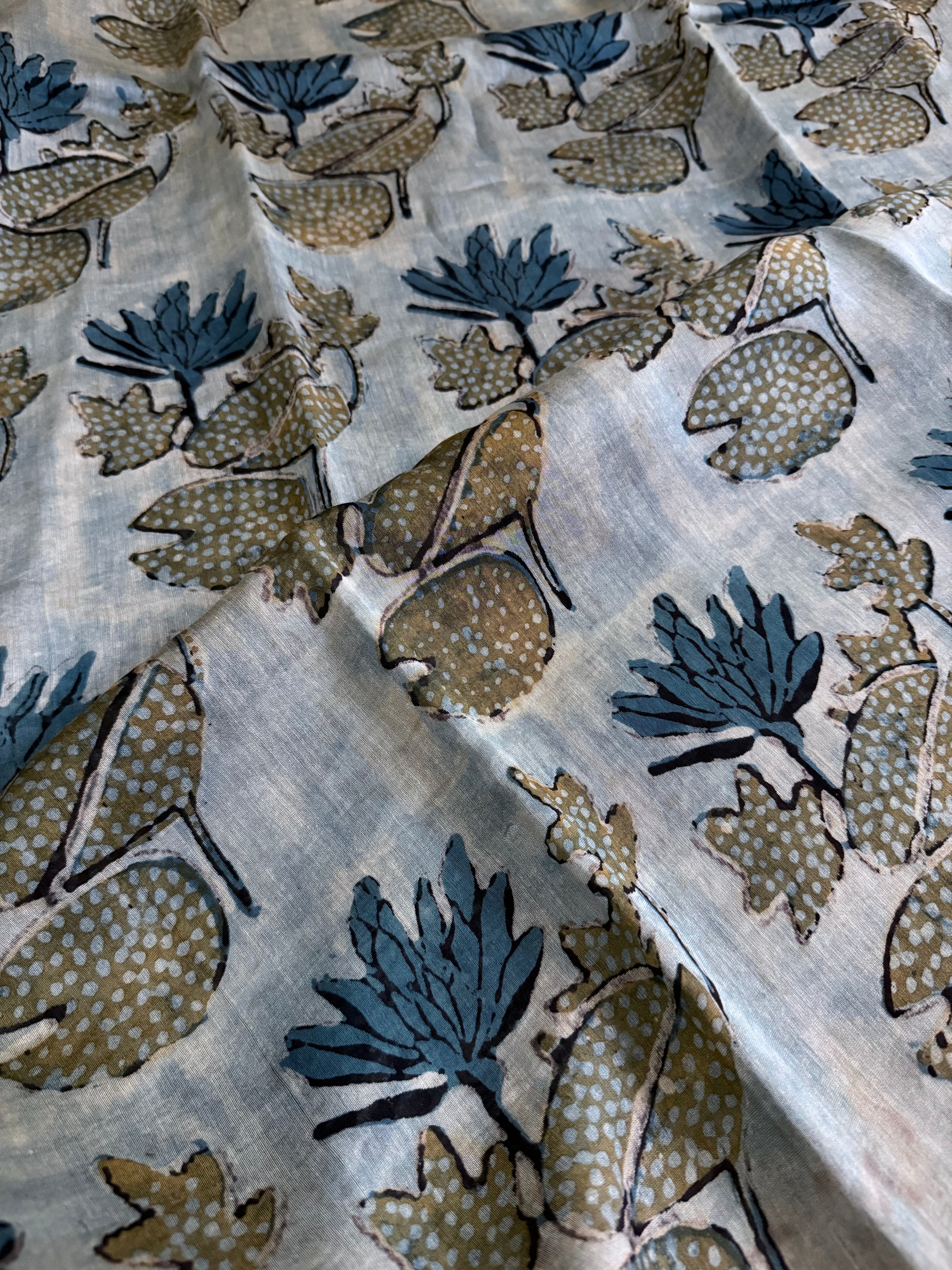 Ranjitha | Blue and Grey Block Printed Maheshwari Saree