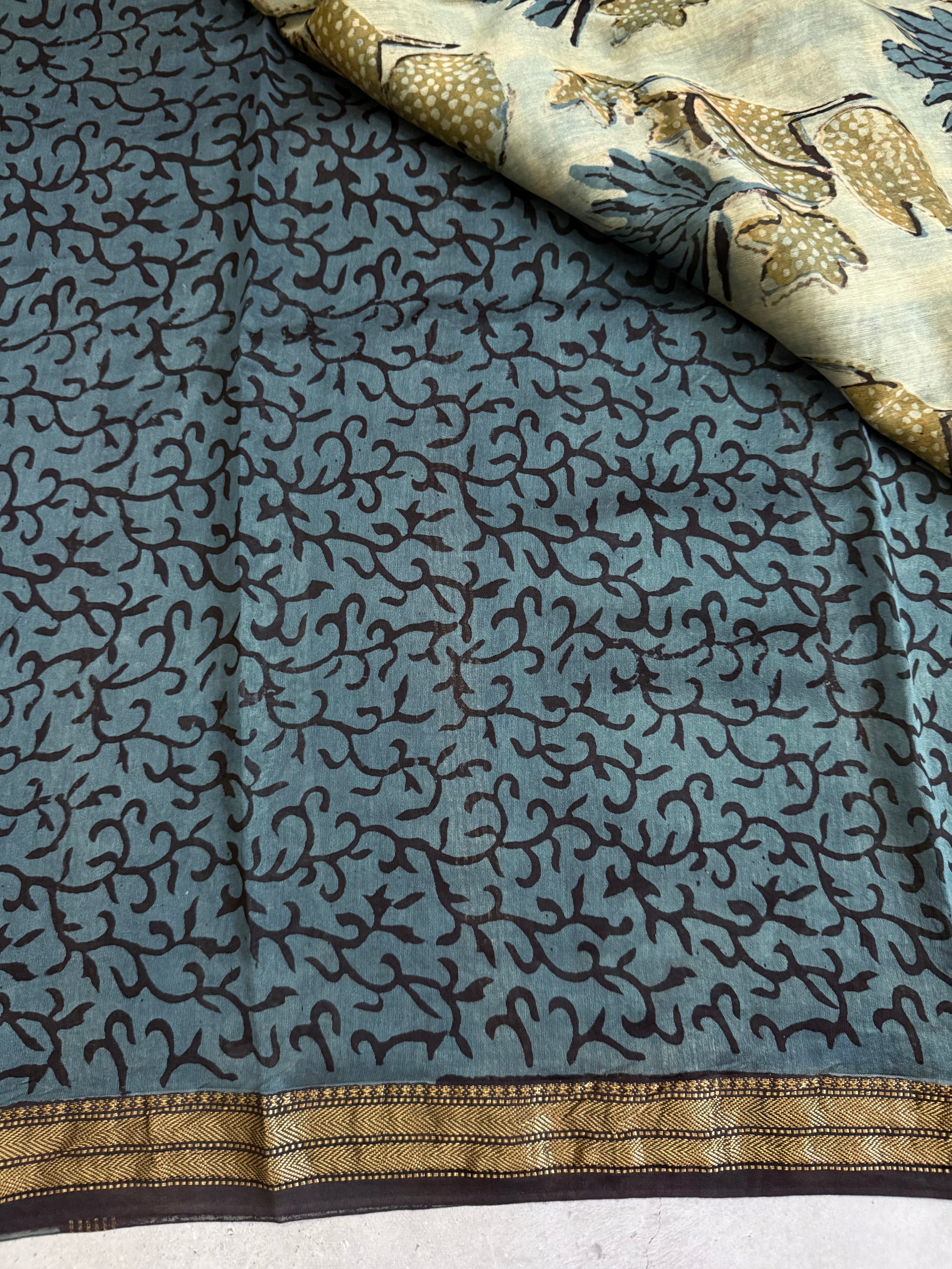 Ranjitha | Blue and Grey Block Printed Maheshwari Saree