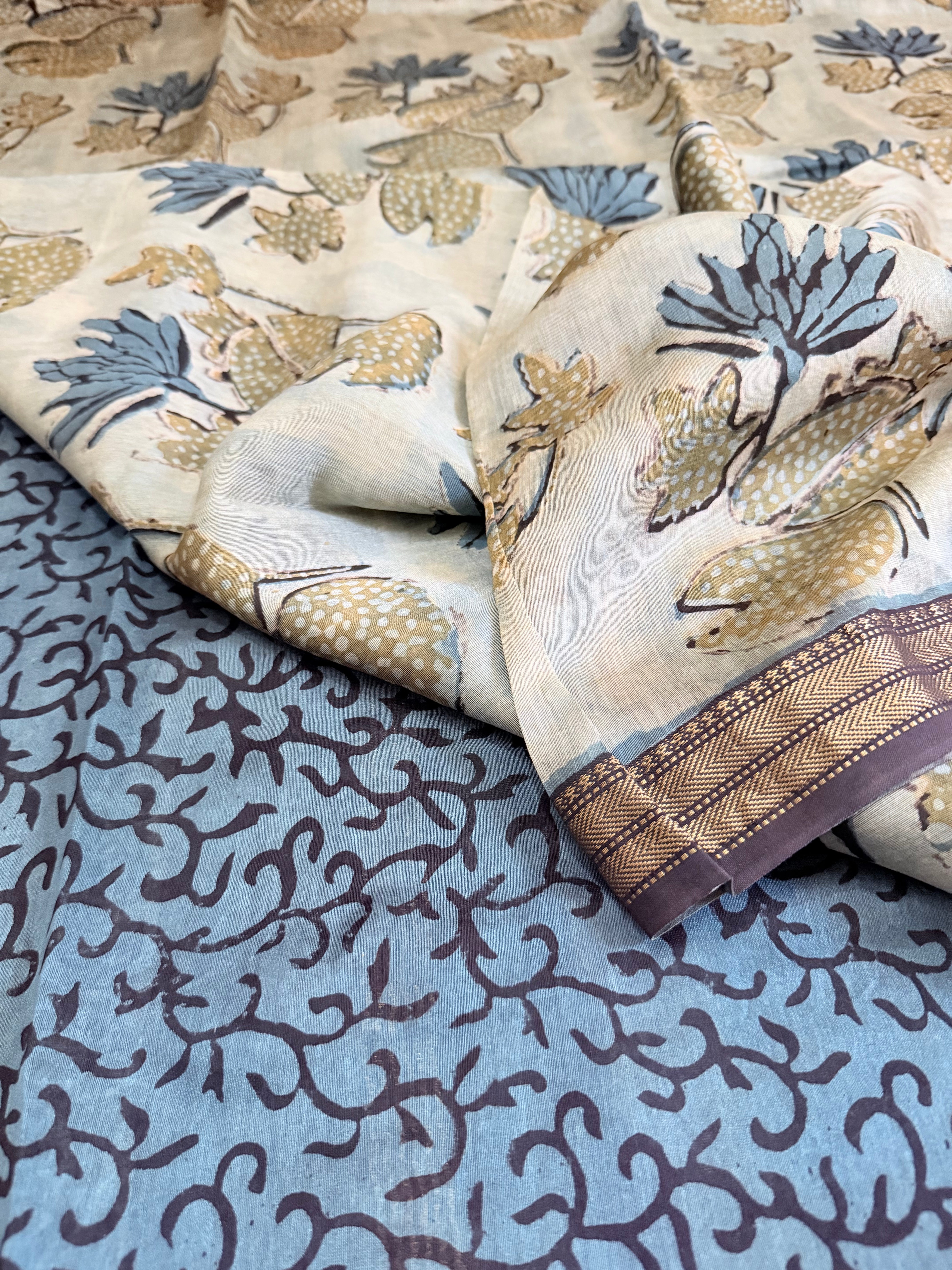Ranjitha | Blue and Grey Block Printed Maheshwari Saree