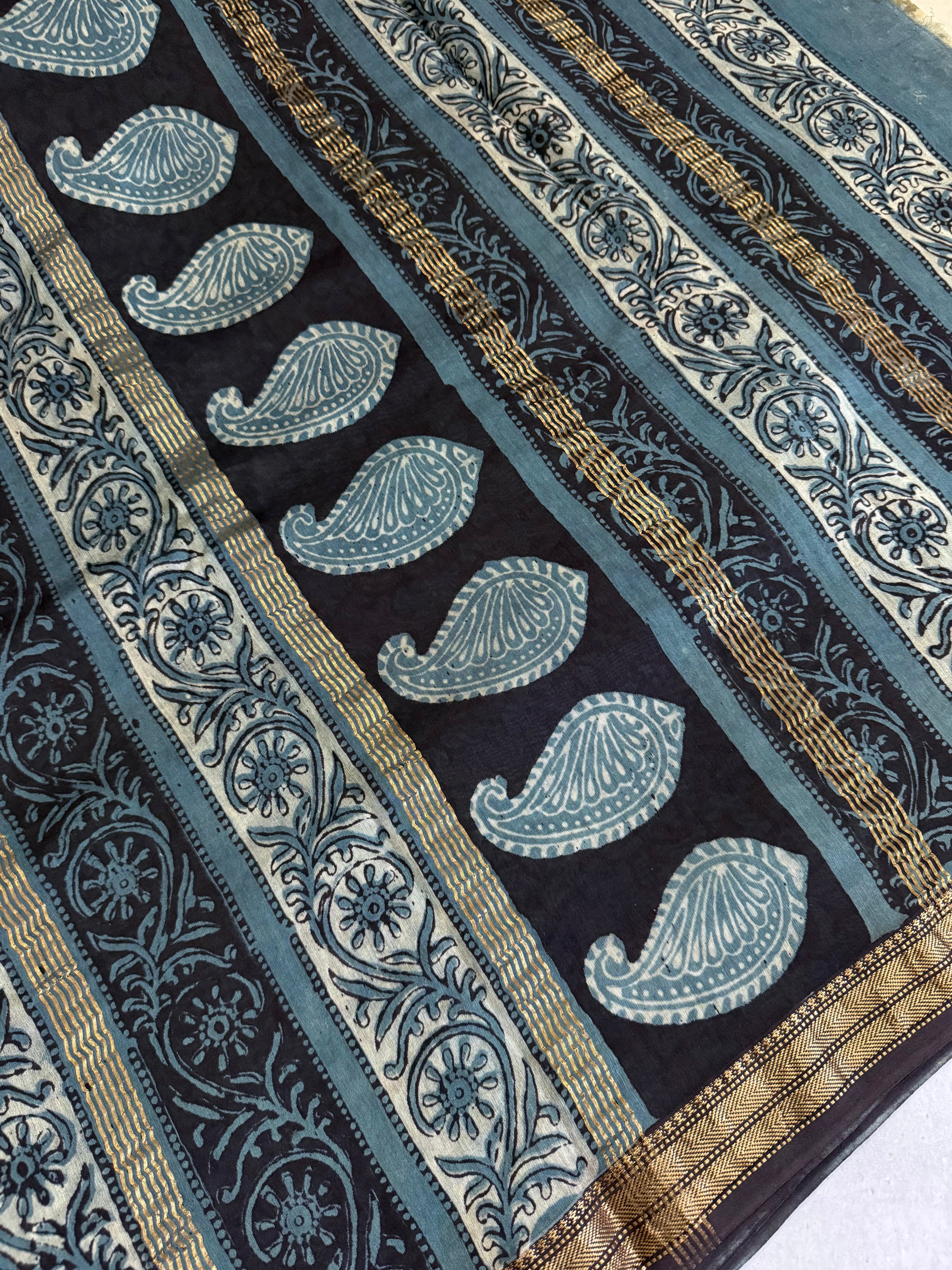 Ranjitha | Blue and Grey Block Printed Maheshwari Saree