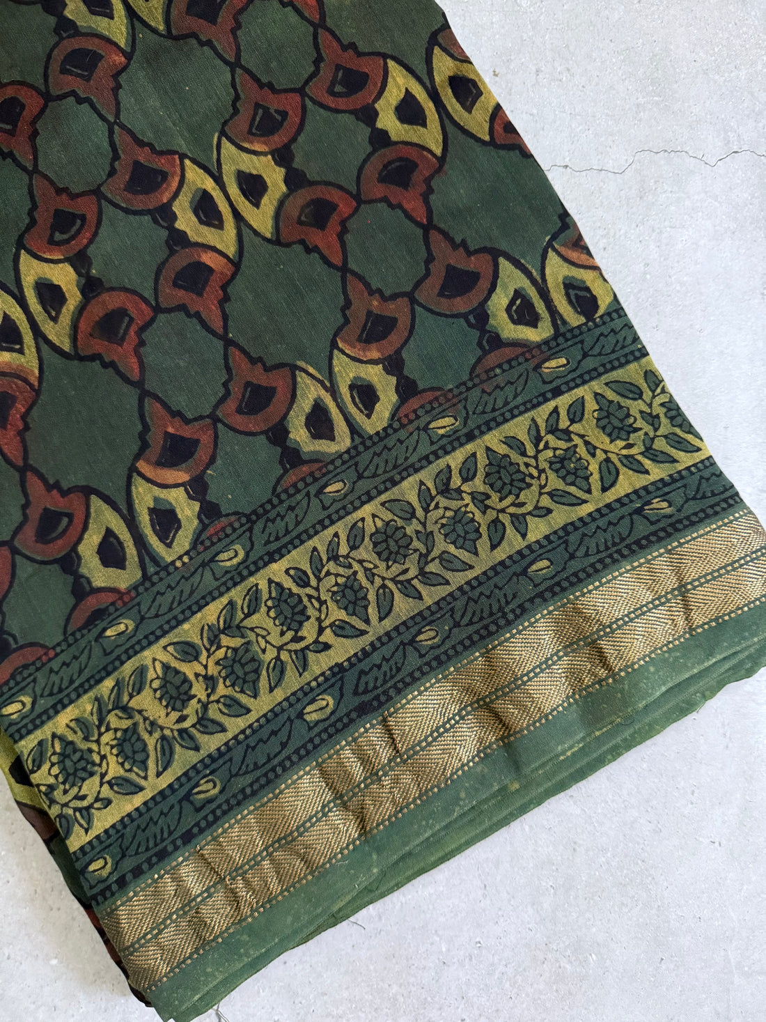 Vanamala | Olive and Brown Block Printed Maheshwari Saree