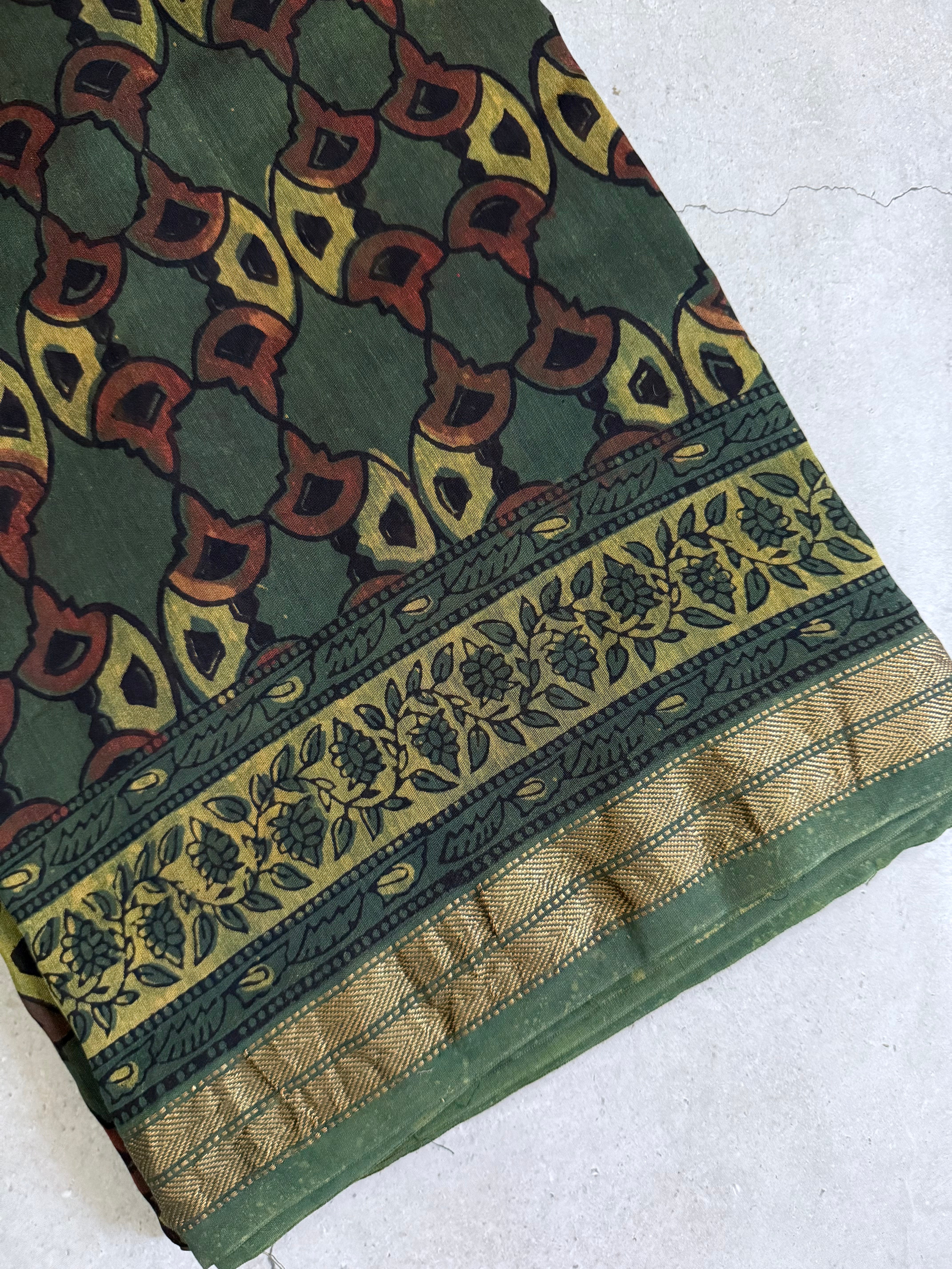 Vanamala | Olive and Brown Block Printed Maheshwari Saree
