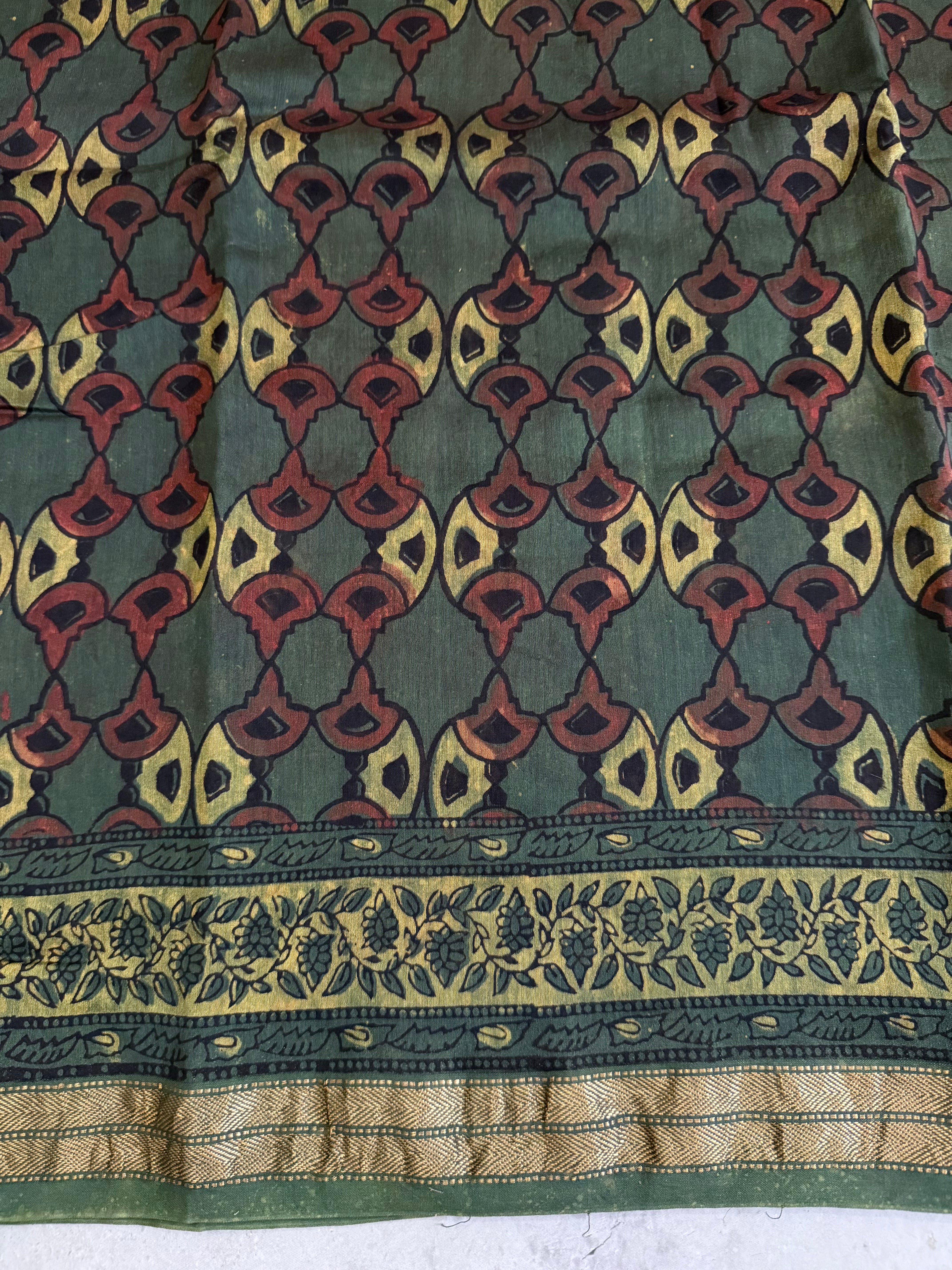 Vanamala | Olive and Brown Block Printed Maheshwari Saree