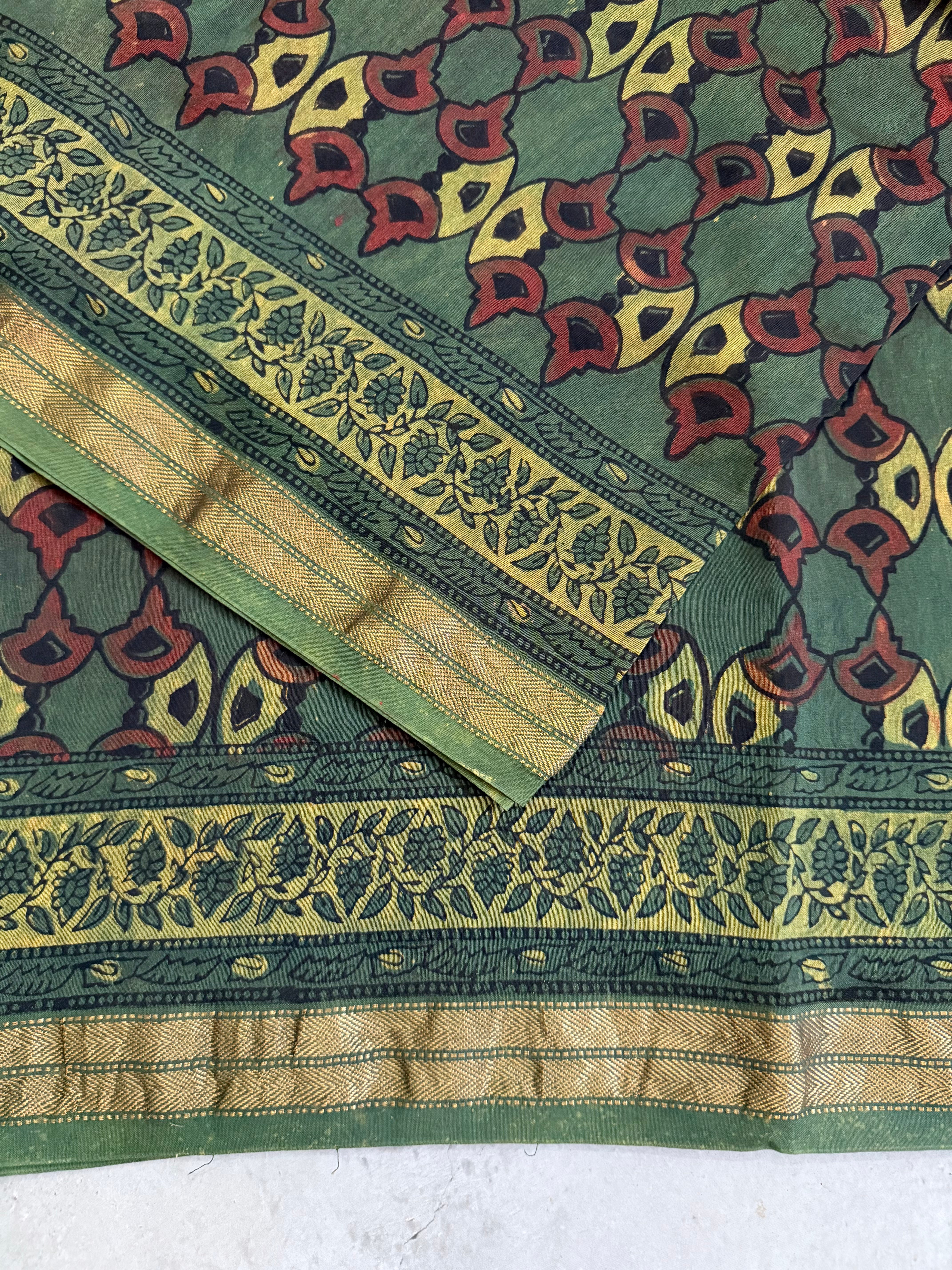 Vanamala | Olive and Brown Block Printed Maheshwari Saree