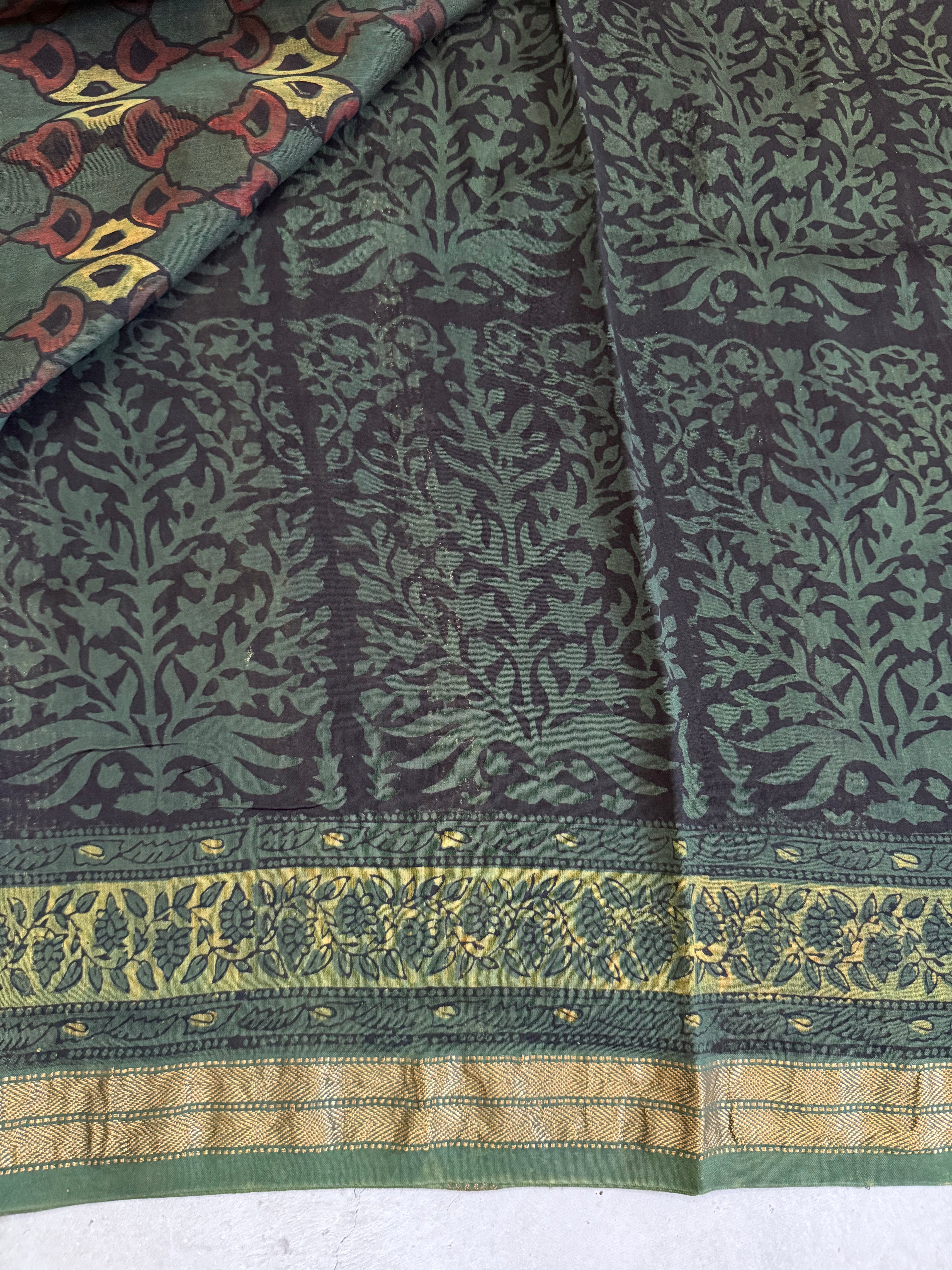 Vanamala | Olive and Brown Block Printed Maheshwari Saree