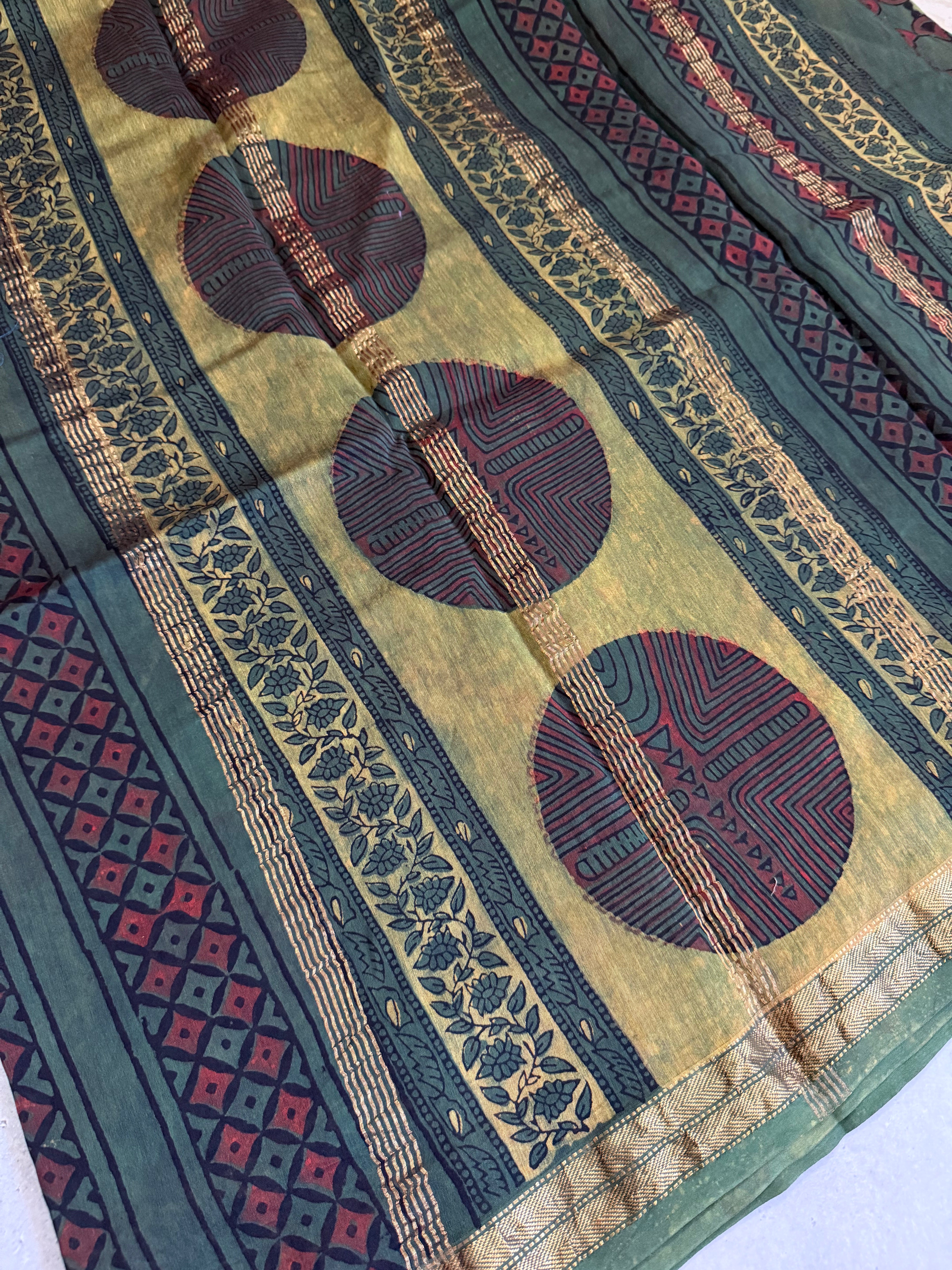 Vanamala | Olive and Brown Block Printed Maheshwari Saree