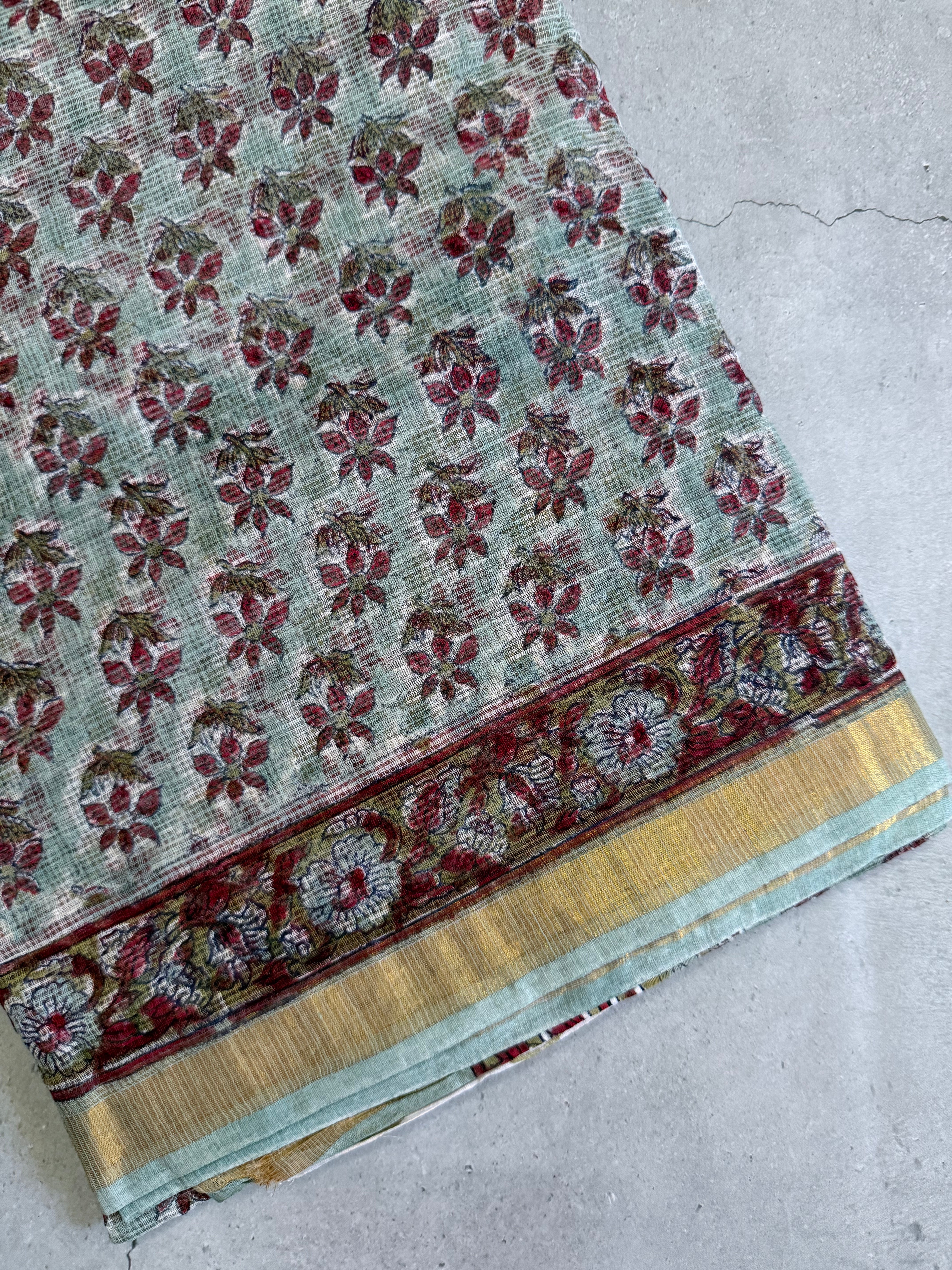 Amrapali | Pastel Green with Red Block Printed Kota Saree