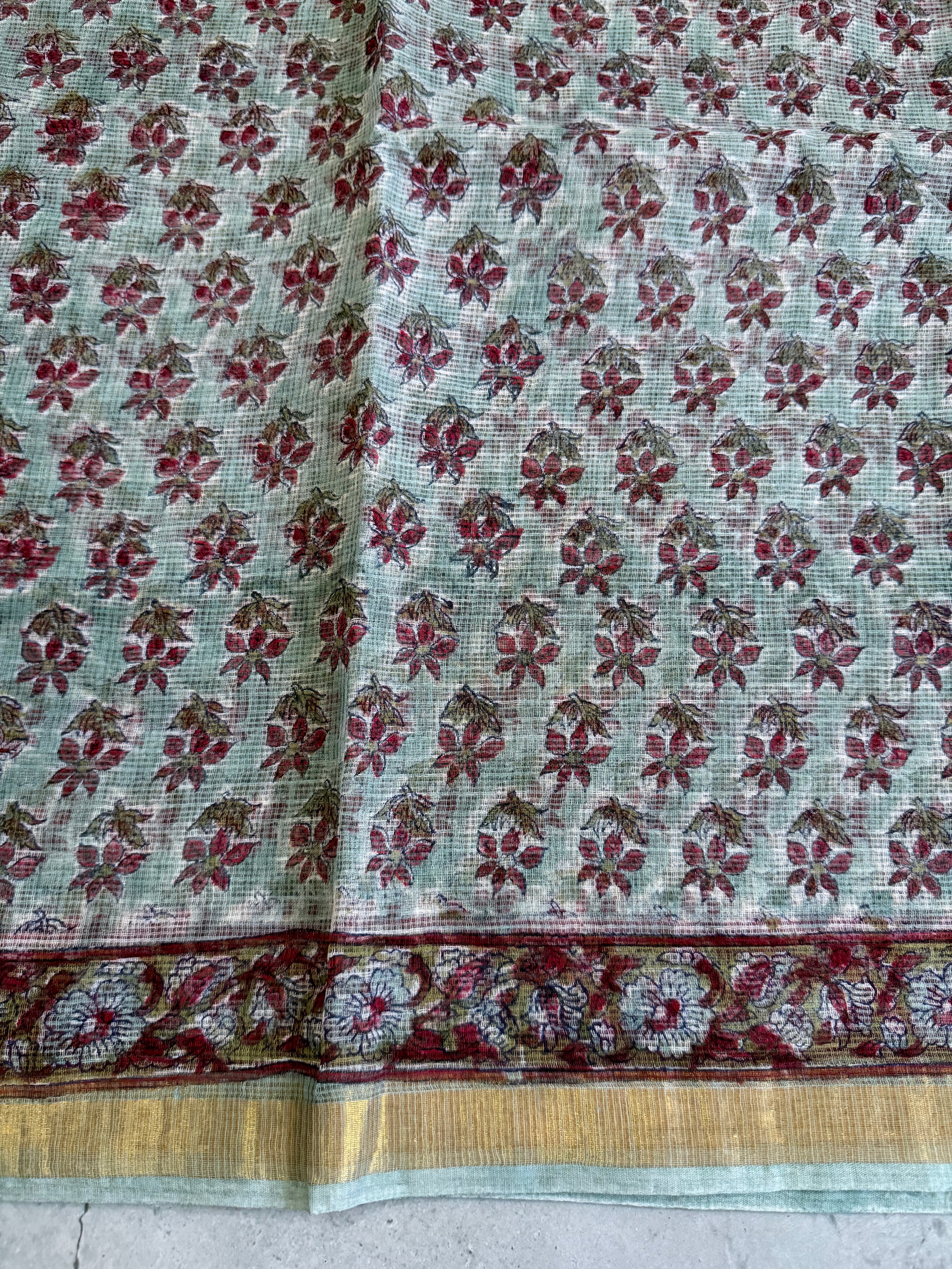 Amrapali | Pastel Green with Red Block Printed Kota Saree