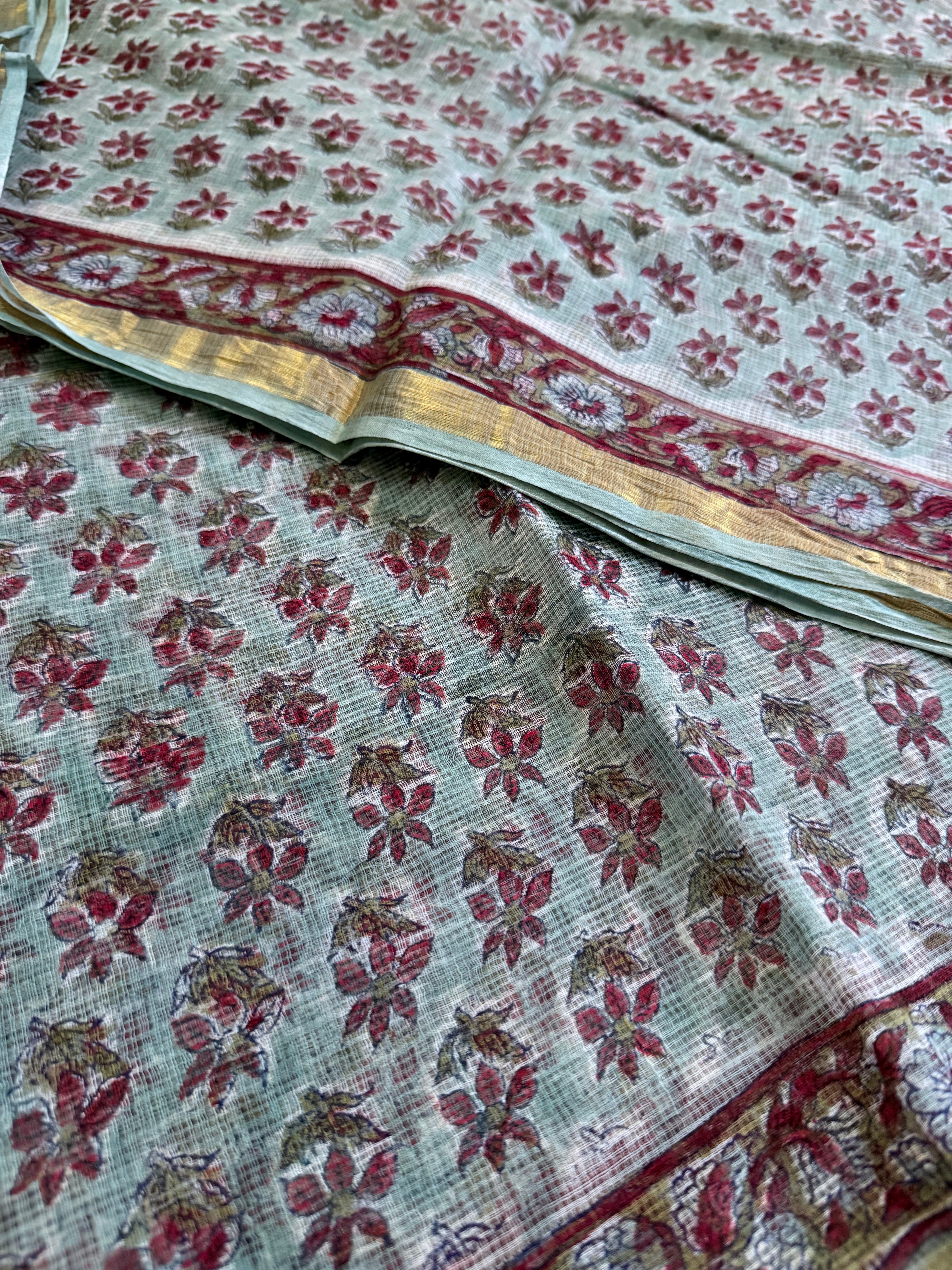 Amrapali | Pastel Green with Red Block Printed Kota Saree