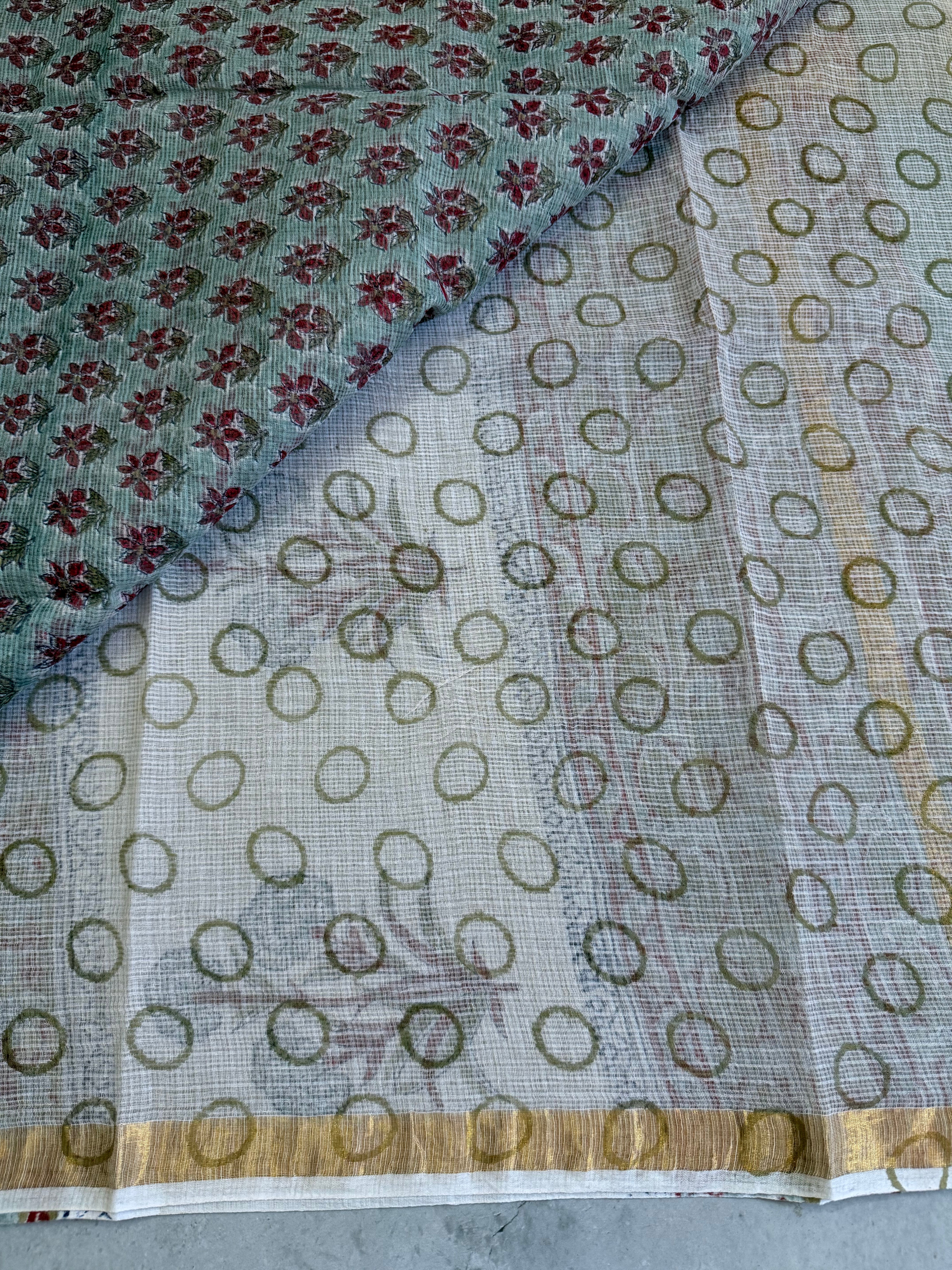 Amrapali | Pastel Green with Red Block Printed Kota Saree