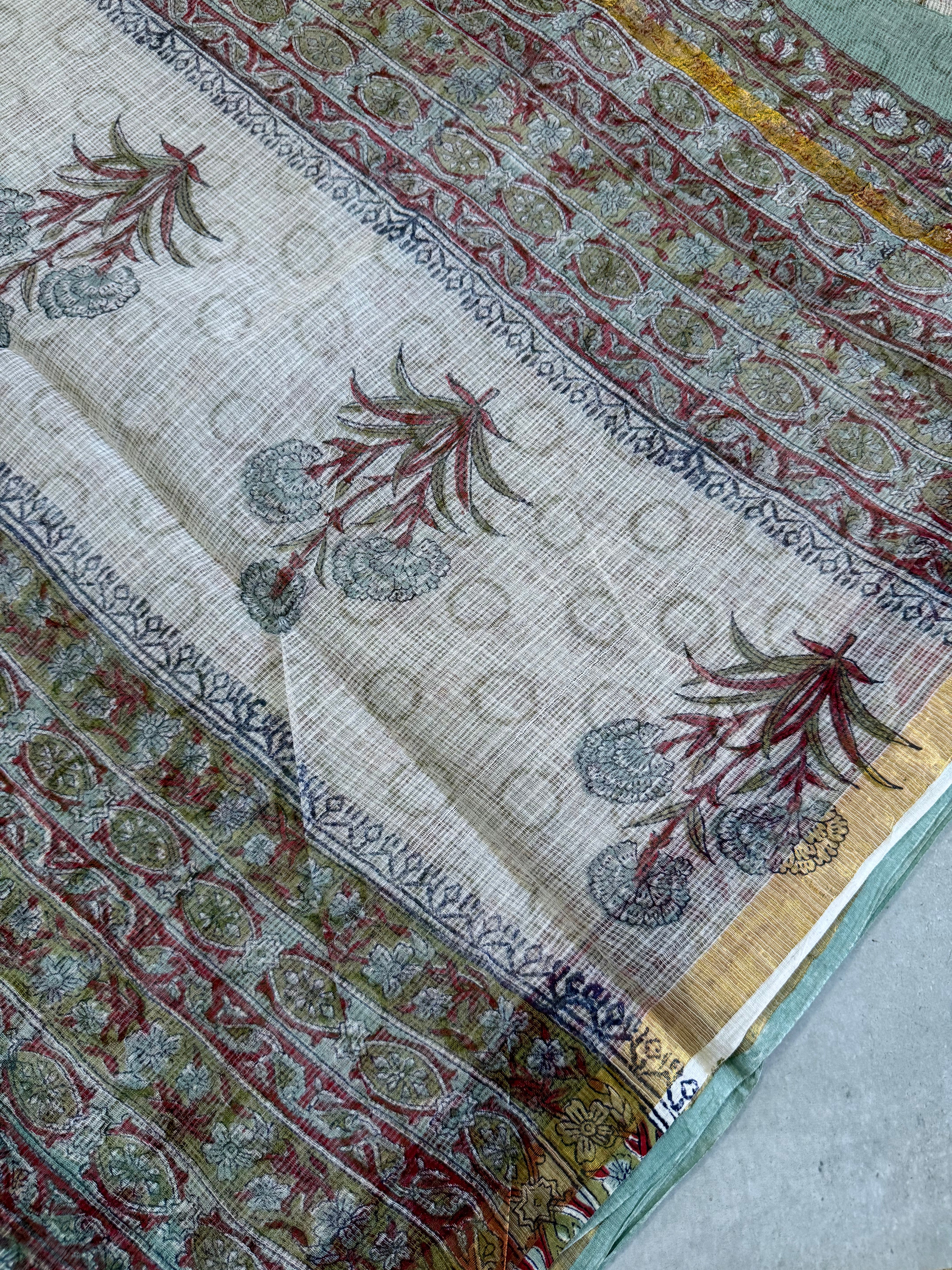 Amrapali | Pastel Green with Red Block Printed Kota Saree