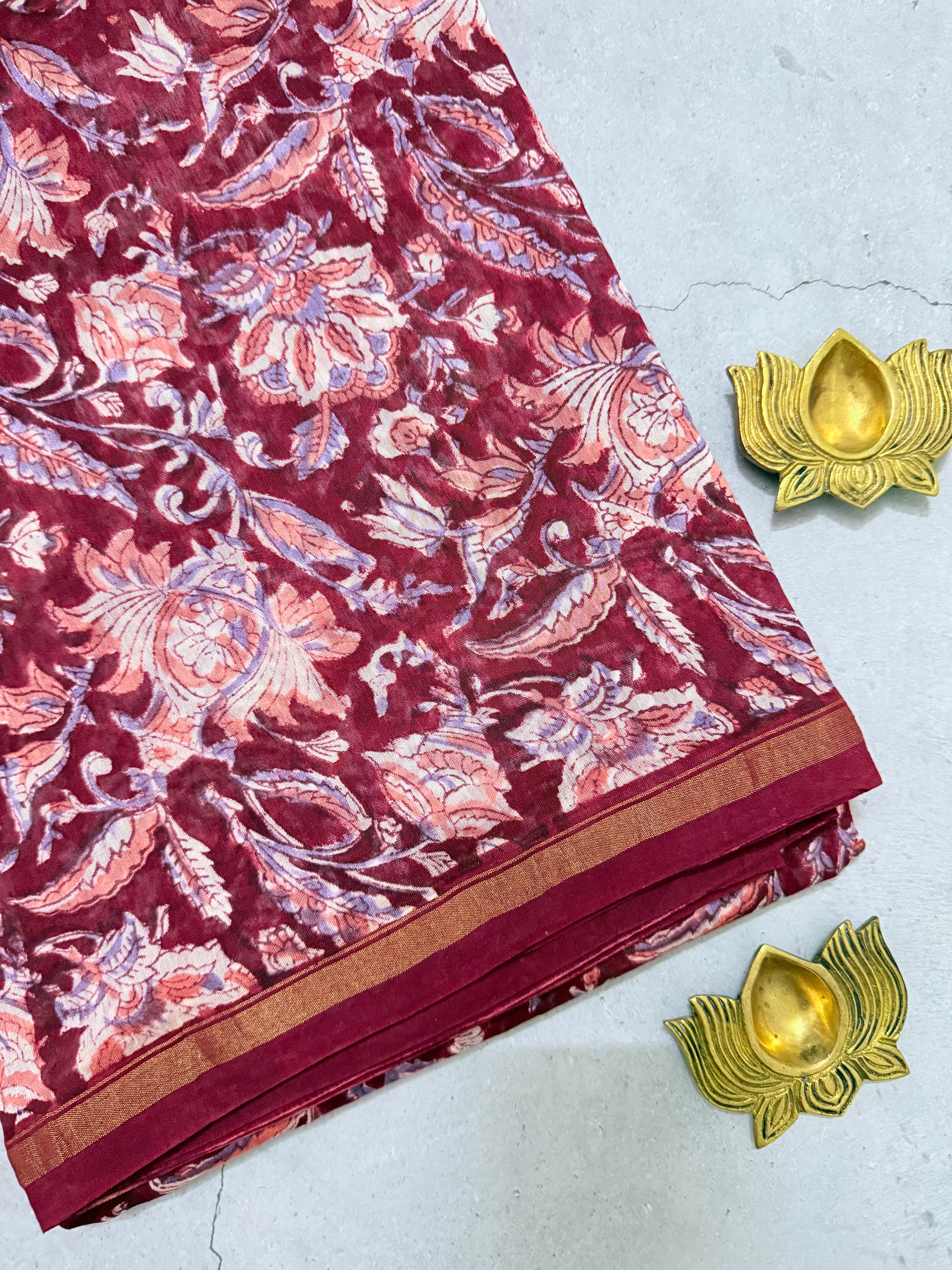 Kayadu | Beige and Pink Floral Block Printed Chanderi Saree
