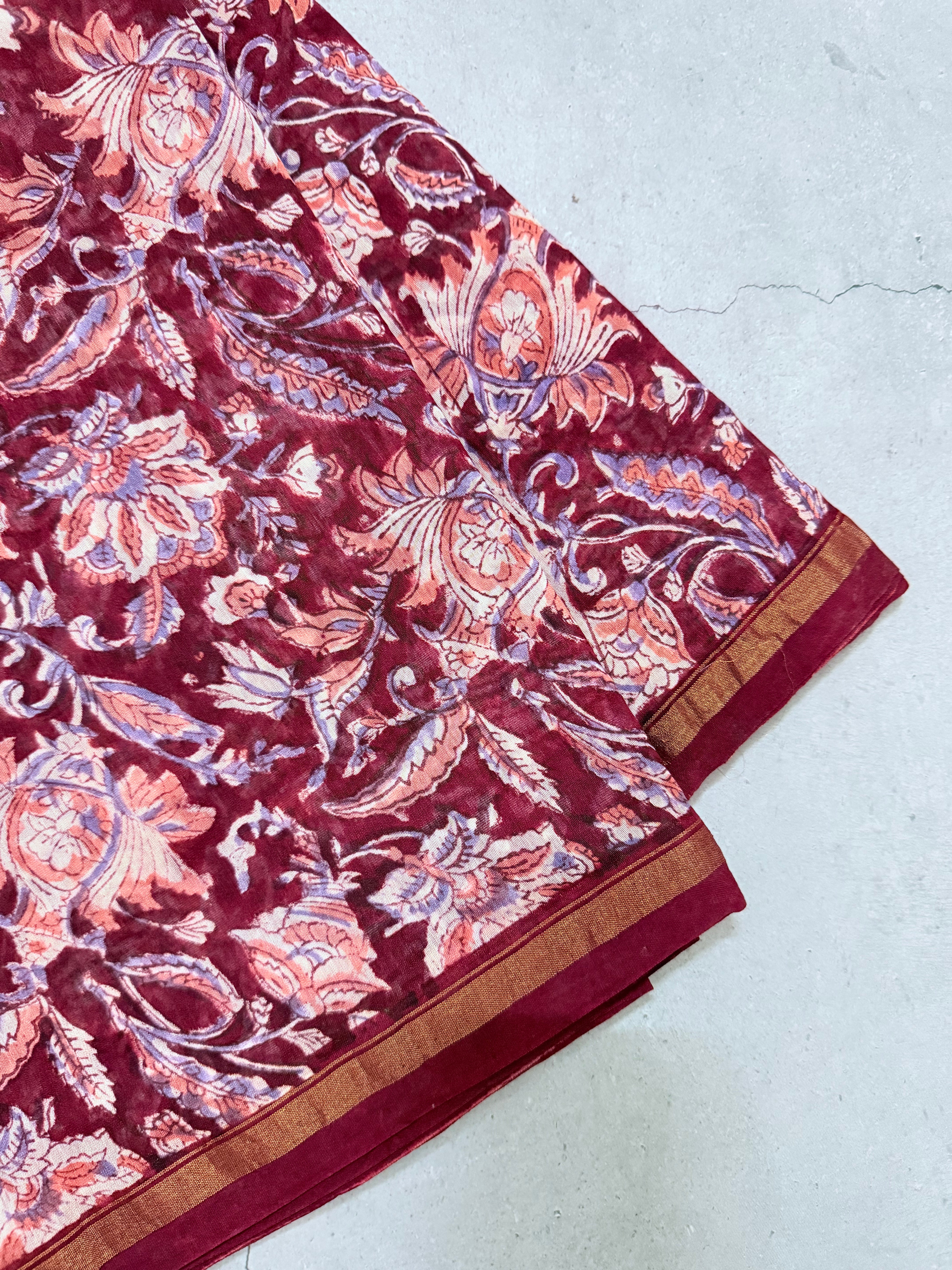 Kayadu | Beige and Pink Floral Block Printed Chanderi Saree