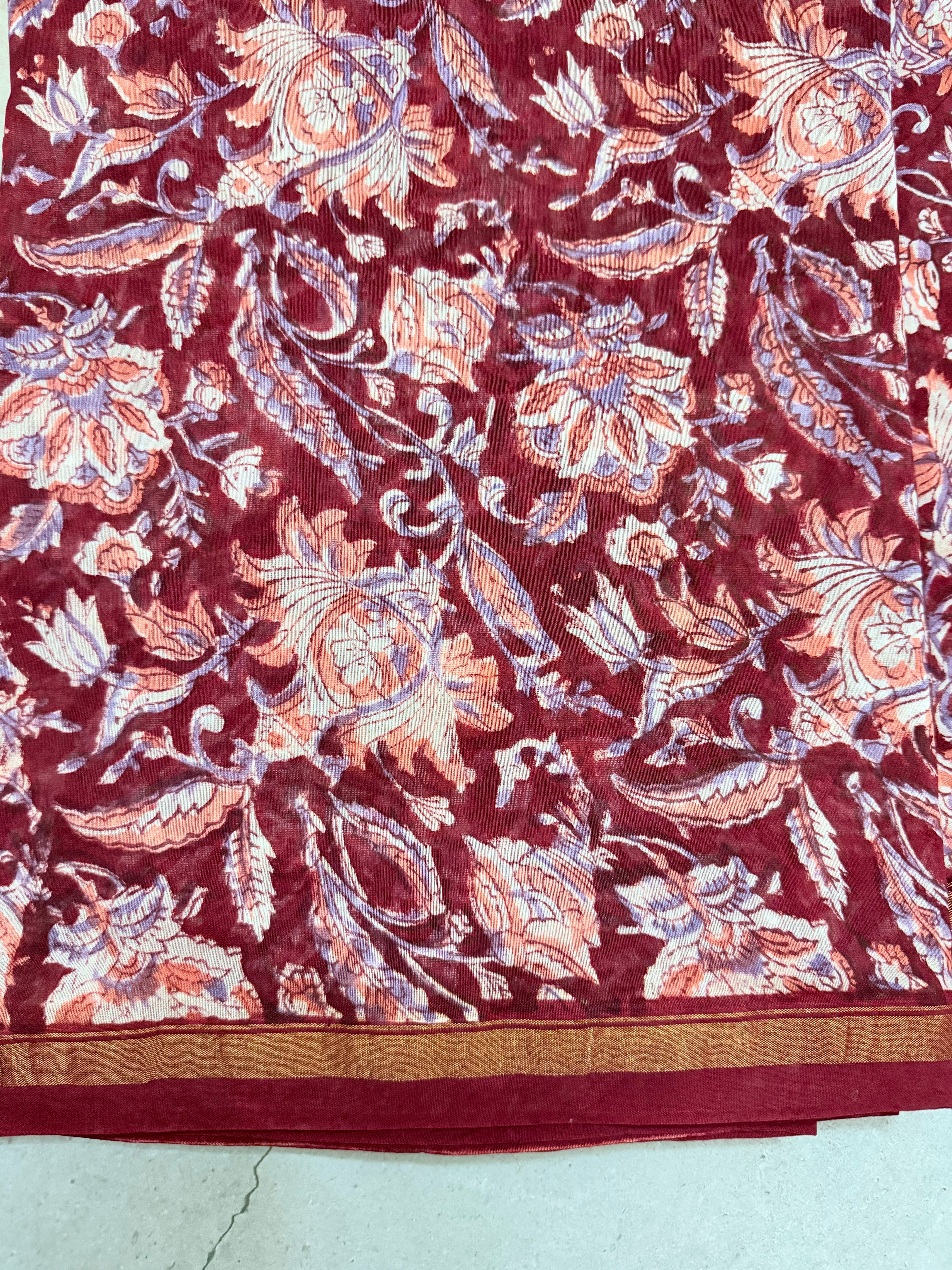 Kayadu | Beige and Pink Floral Block Printed Chanderi Saree