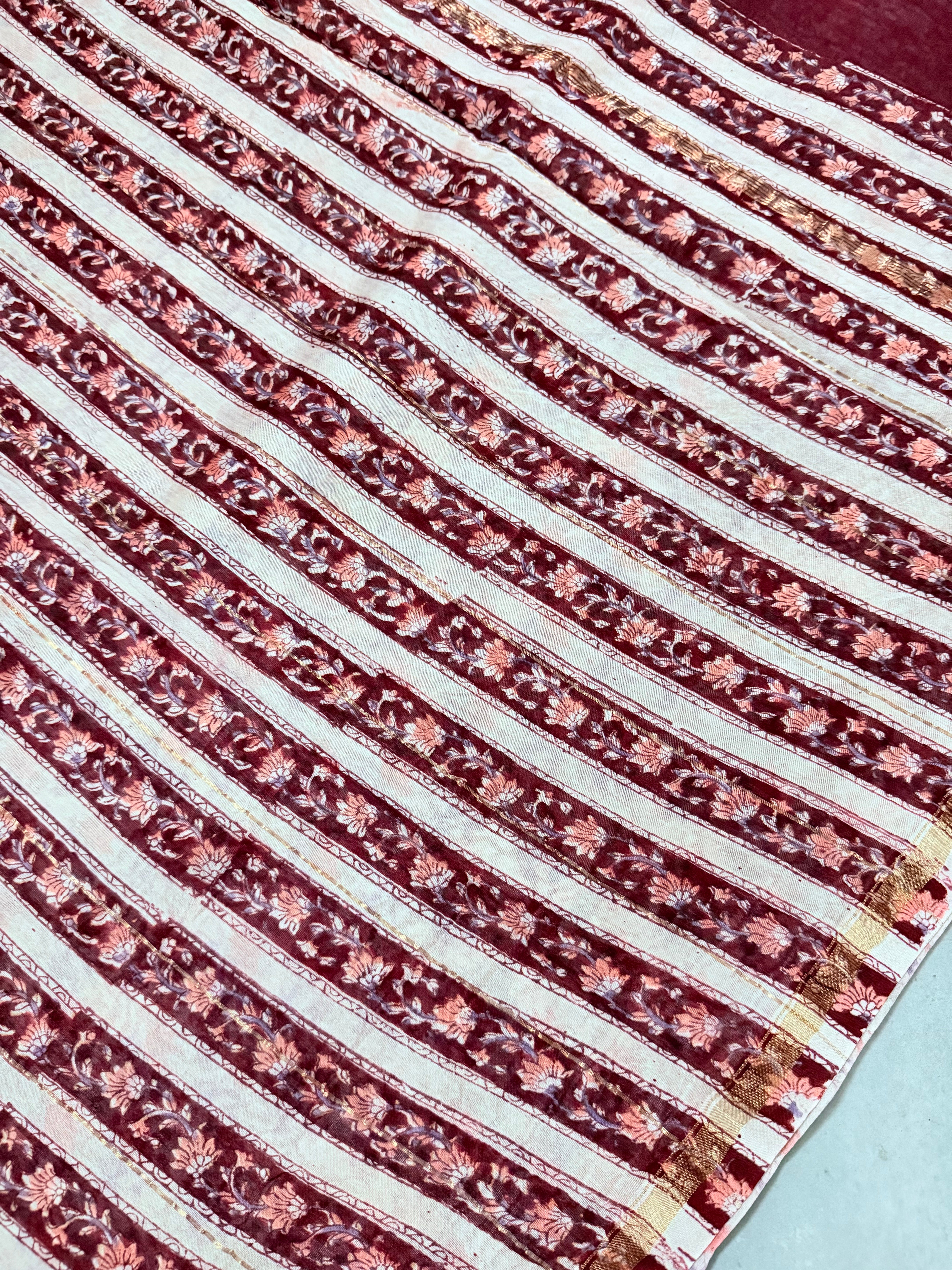 Kayadu | Beige and Pink Floral Block Printed Chanderi Saree