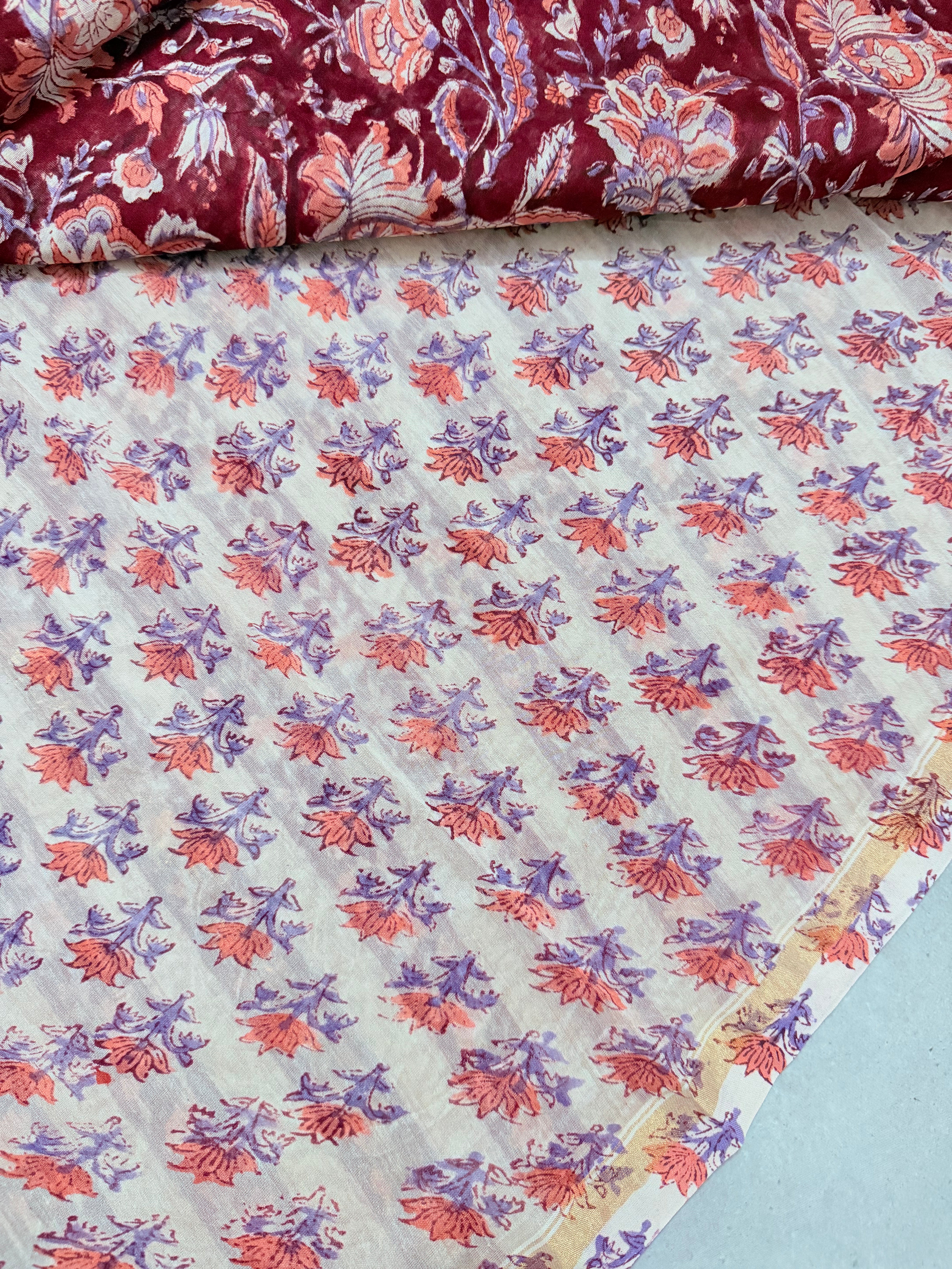 Kayadu | Beige and Pink Floral Block Printed Chanderi Saree