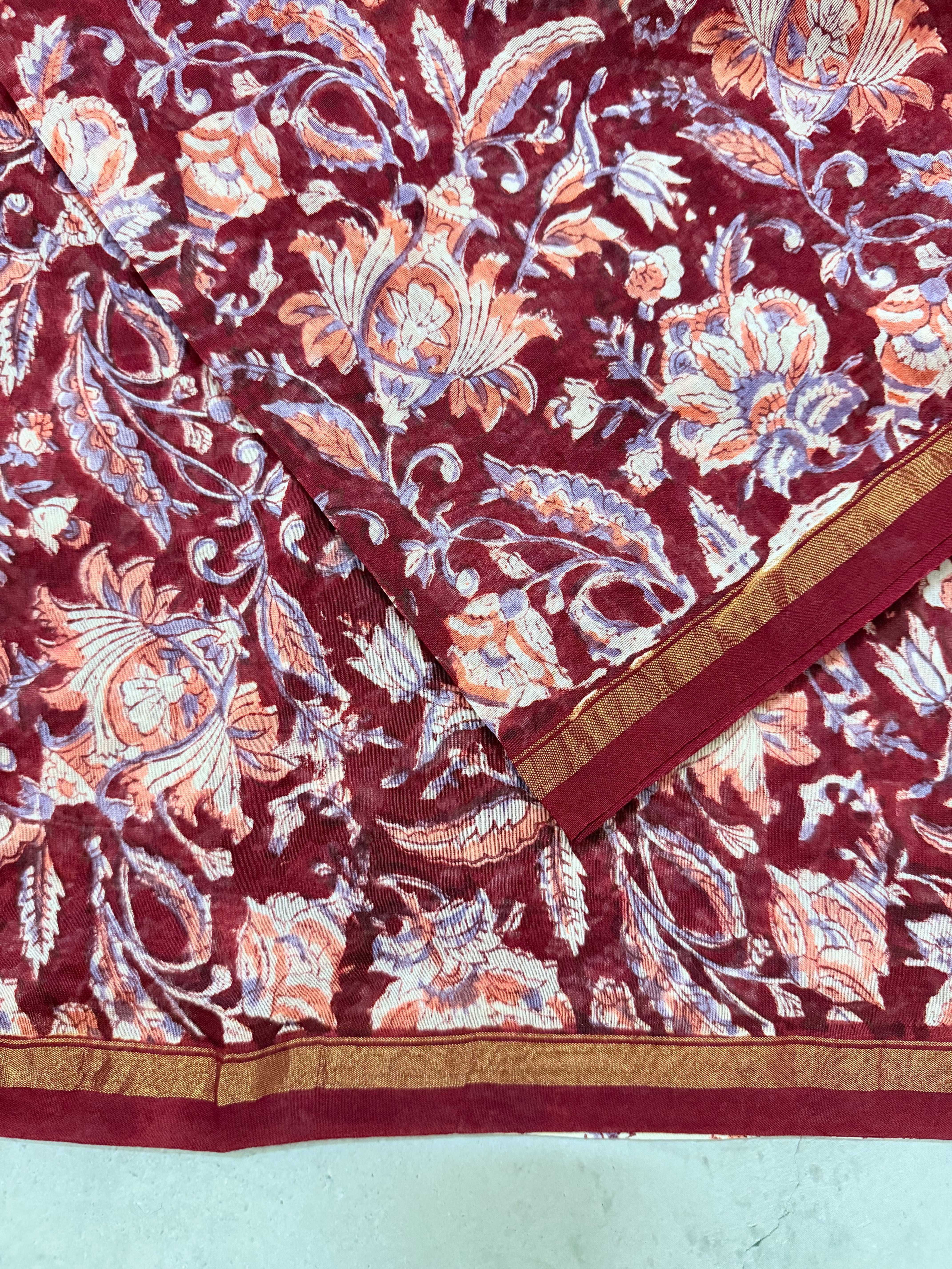 Kayadu | Beige and Pink Floral Block Printed Chanderi Saree