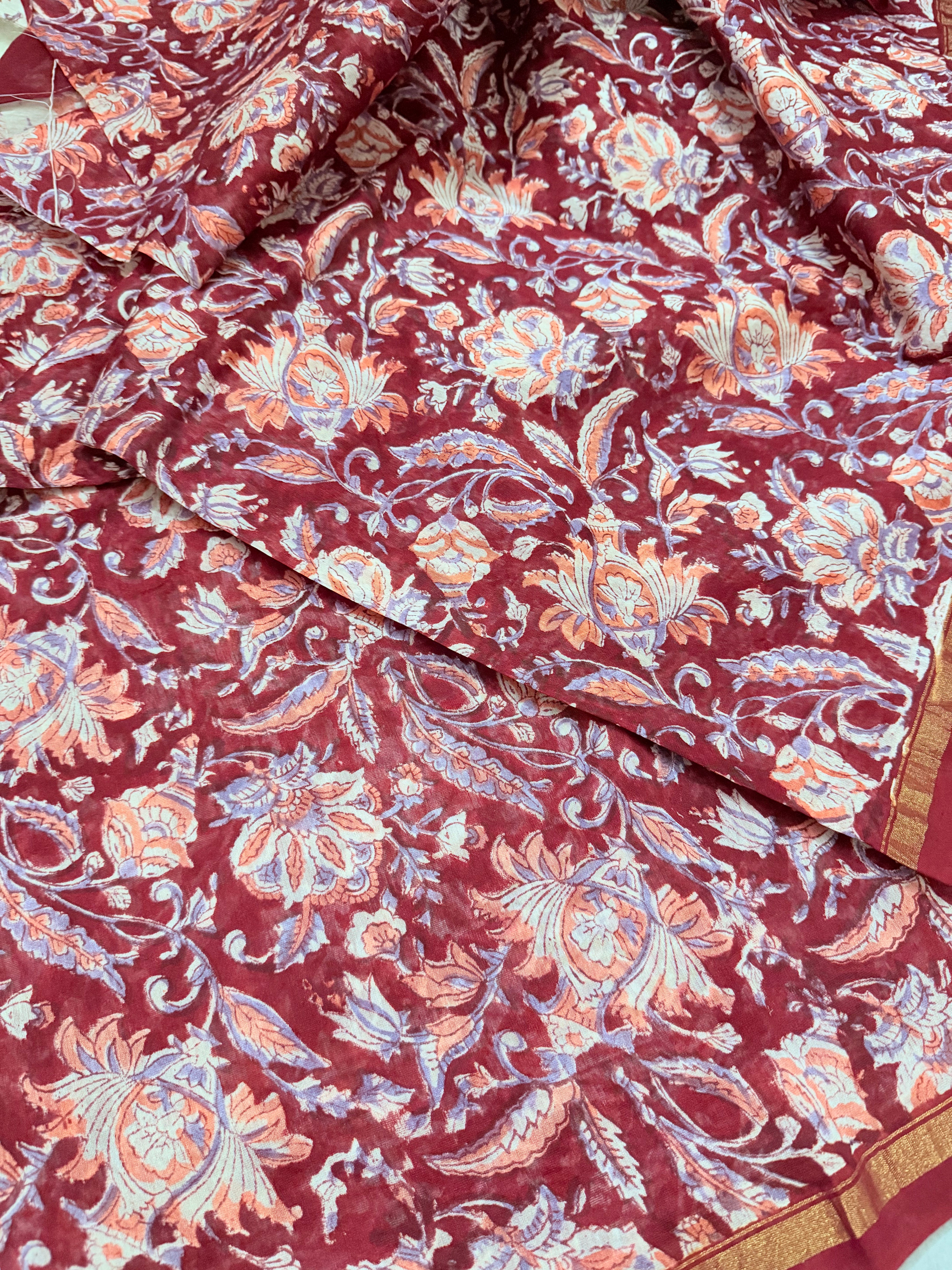 Kayadu | Beige and Pink Floral Block Printed Chanderi Saree