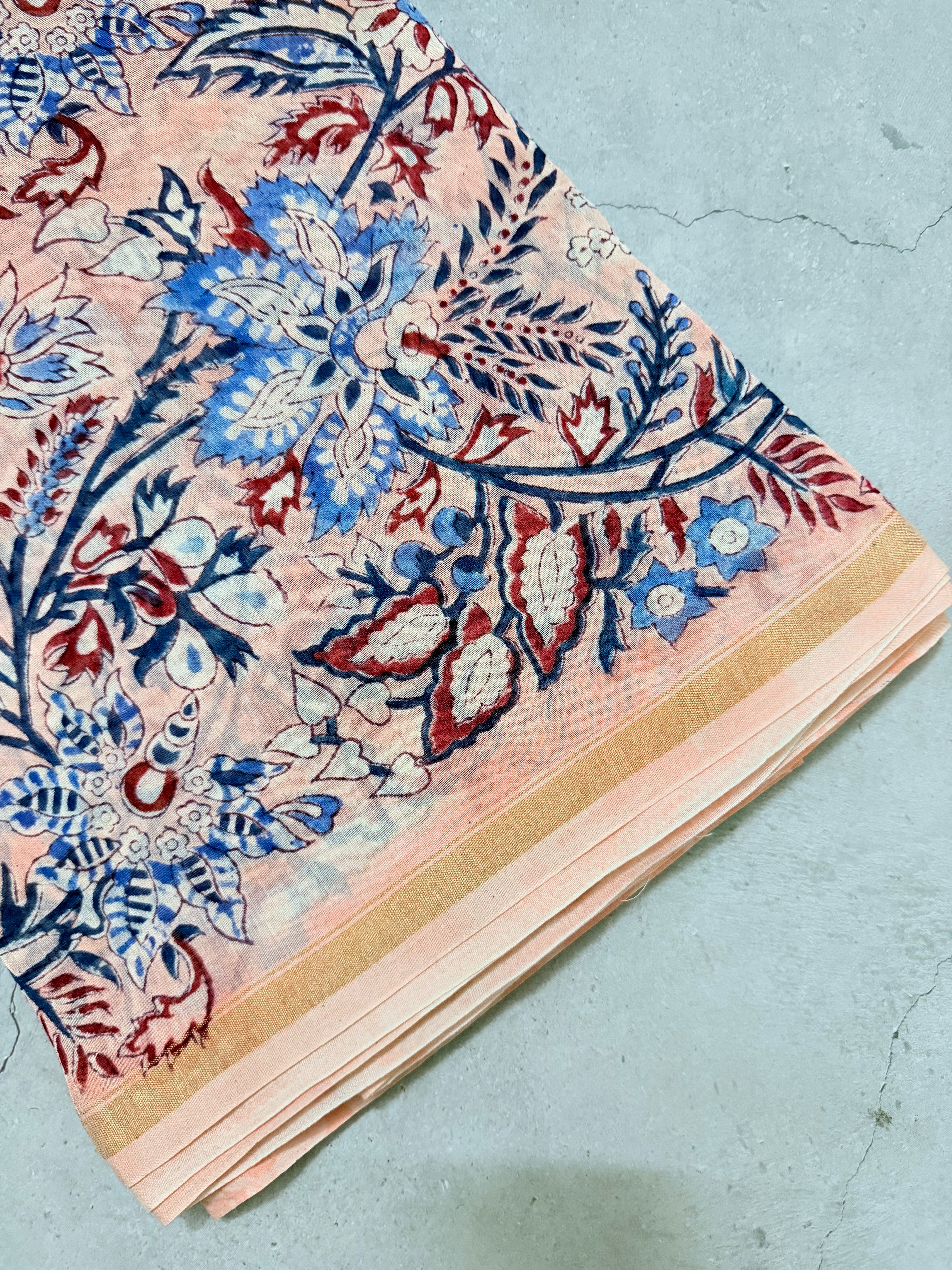 Kiaara | Beige and Pink Floral Block Printed Chanderi Saree