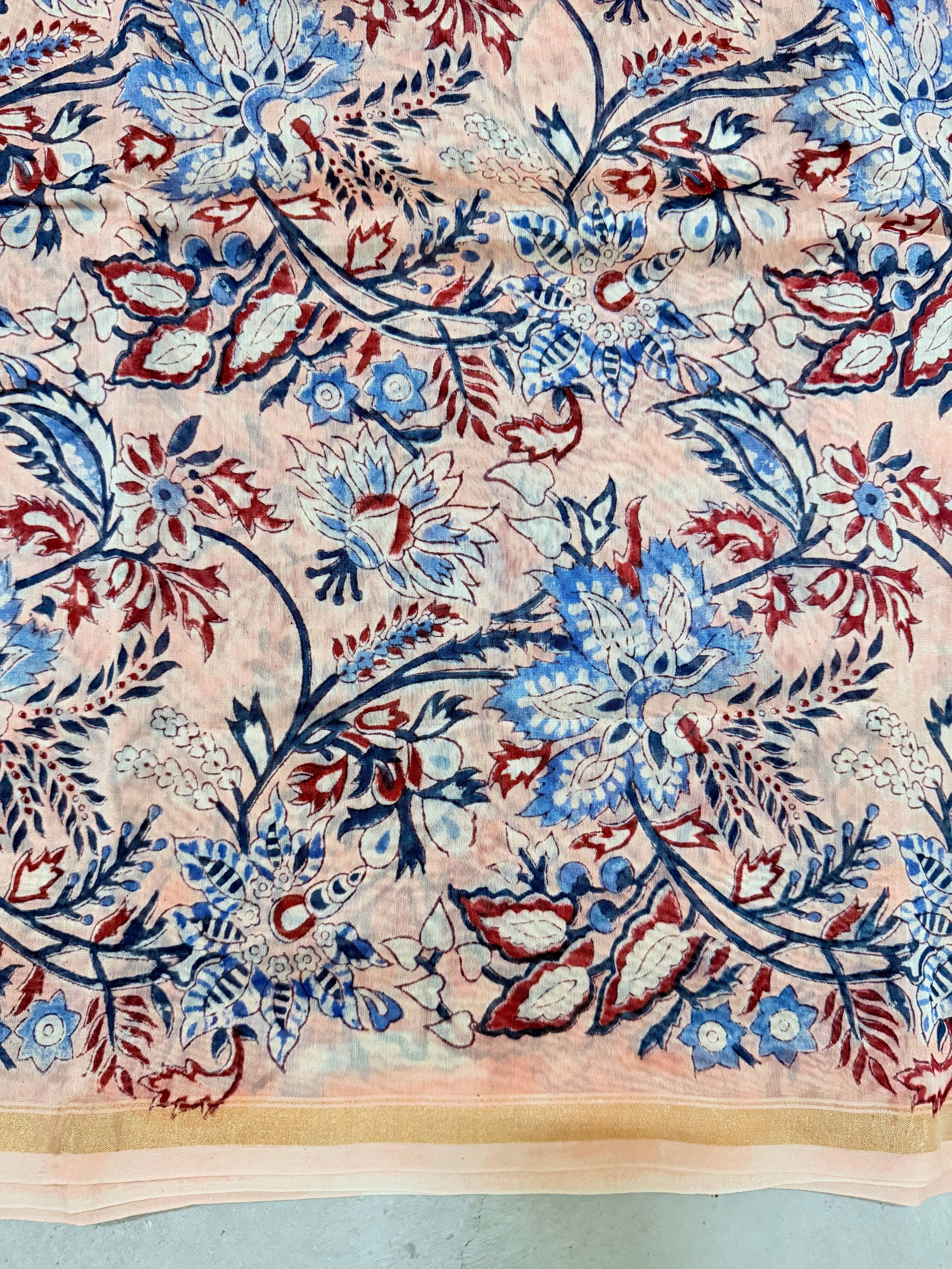 Kiaara | Beige and Pink Floral Block Printed Chanderi Saree