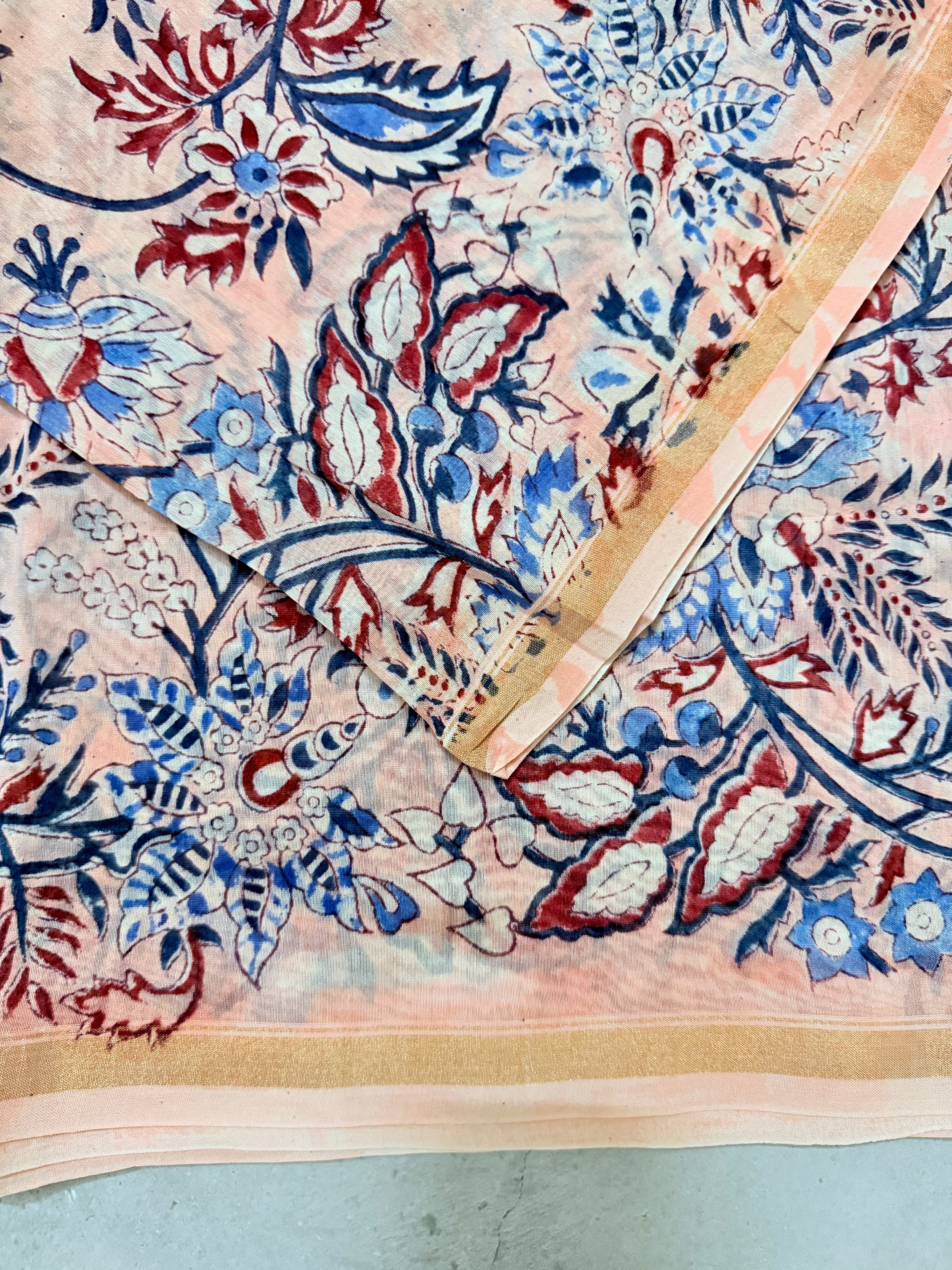 Kiaara | Beige and Pink Floral Block Printed Chanderi Saree